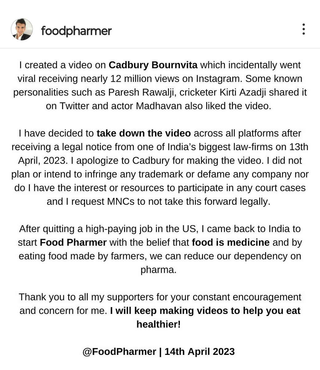 malpani's tweet photo. Why are we allowing rich MNCs to silence honest criticism ? Their legal teams shouldn't be allowed to misuse the due process of low to bully activists for telling the truth !
Shame on you #Cadbury for suppressing the truth about #Bournvita https://t.co/iMMf4vcvn5