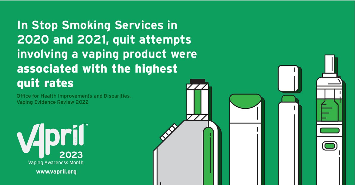 Vaping_Industry's tweet image. 📣 Did you know that Stop Smoking Services saw quit attempts involving vaping products associated with the highest quit rates? #VapingWorks  

#StartVapingStopSmoking today to make a life-changing switch 🙌 

 Use #VApril2023 to let us know if you’re getting involved!