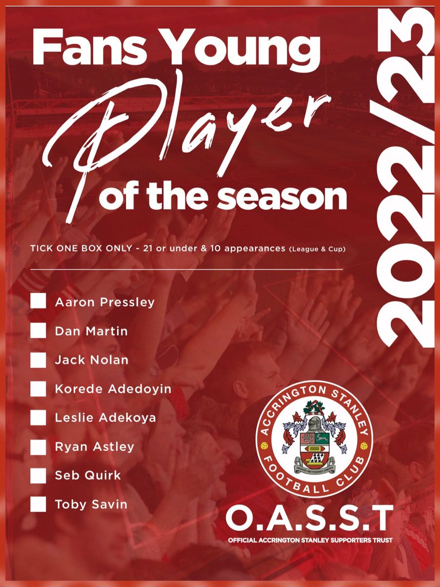 ASFCofficial's tweet image. 🗳️ It’s time to vote for your @officalassc1 Fans’ Player of the Season and Fans’ Young Player of the Season, with forms available to complete at the Wham Stadium.

You can also vote by following the link below!

➡️ onstanleyon.com/2023/04/15/vot…