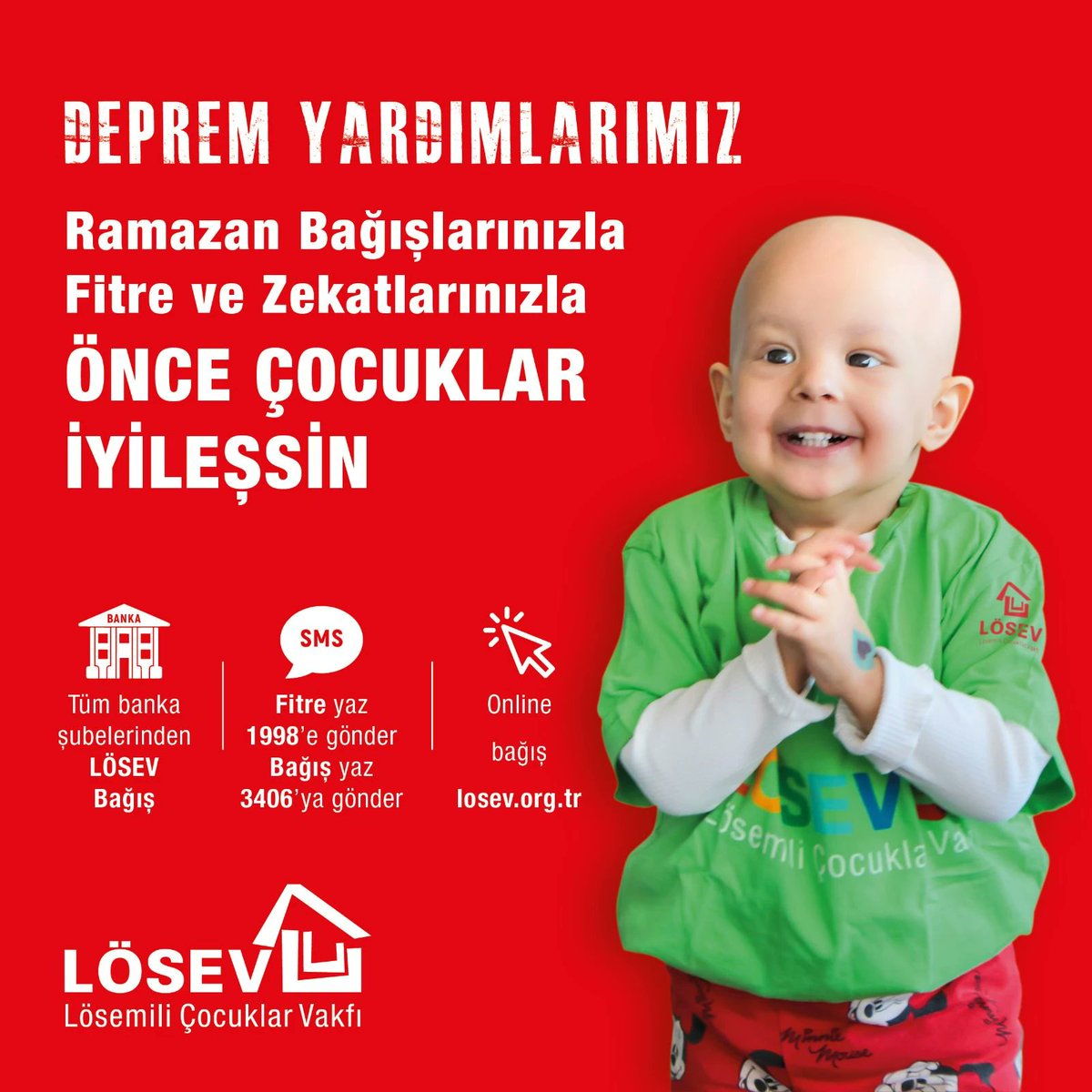 Lösemili Çocuklara Nasıl Bağış Yapabilirim?📣
🏦 Tüm Banka Şubelerinden LÖSEV Bağış
🔗 losev.org.tr/ramazan
📲 "Fitre" veya "Fidye" yaz 1998'e SMS gönder ➡ 70 TL
📲 BAĞIŞ yaz 3406'ya SMS gönder ➡ 100 TL
☎️ ALO LÖSEV ➡ 0(312) 447 06 60
#ÖnceÇocuklarİyileşsin