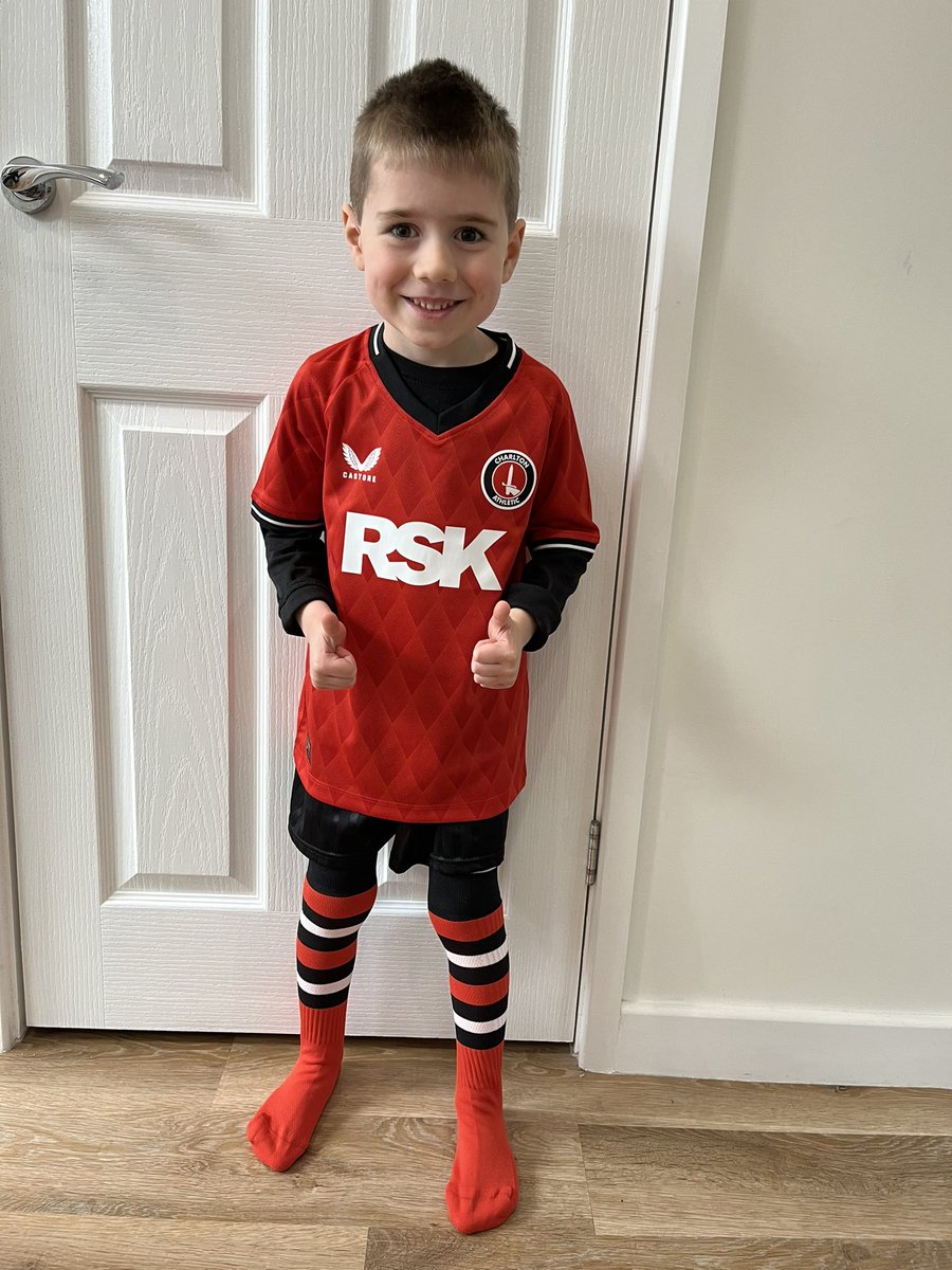 Think someone is happy with their new <a href="/CAFCofficial/">Charlton Athletic FC</a> kit. Shame the shorts are way 3 sizes to big for him.