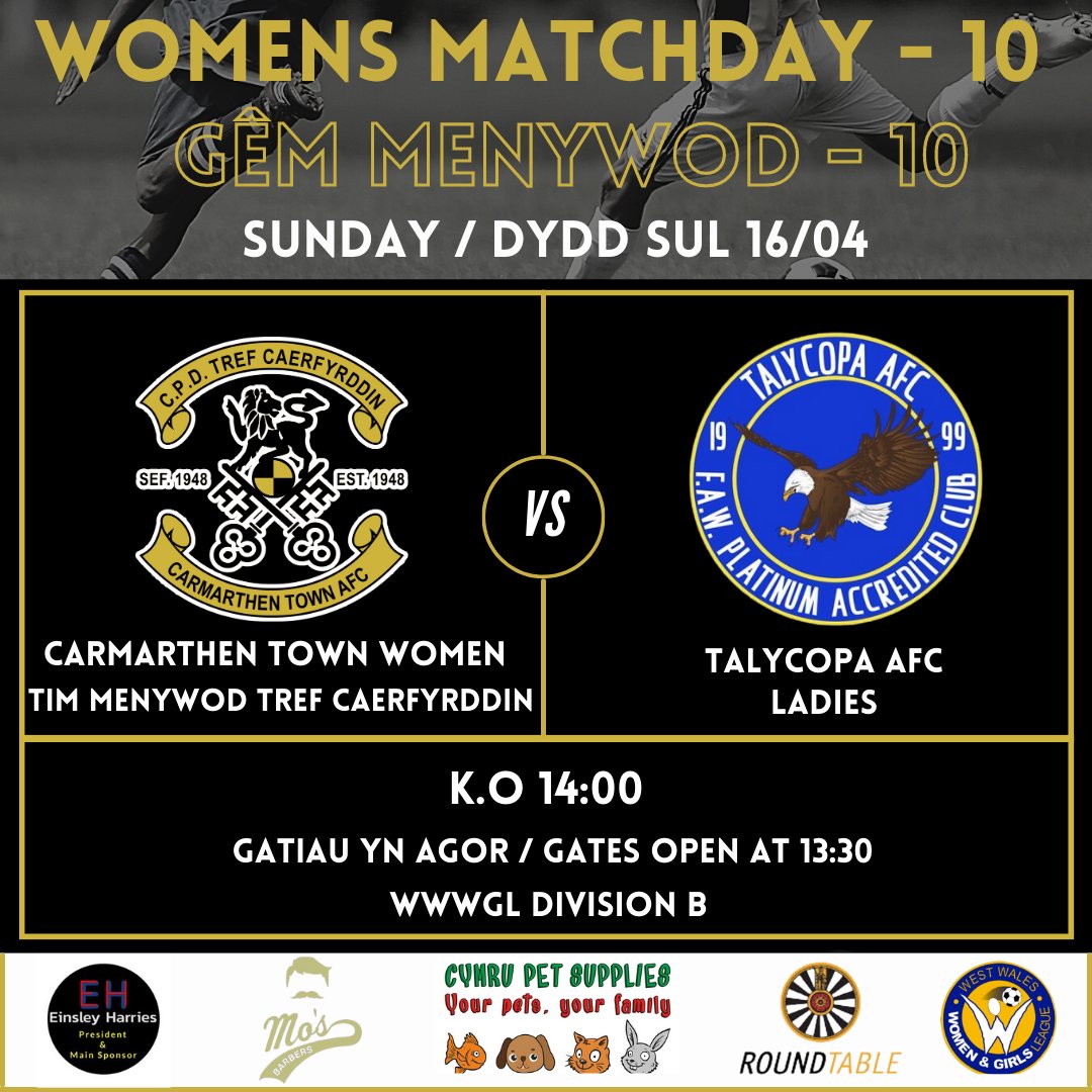 Tomorrow | Yfory 👇

We encourage all fans to join us in celebrating @CarmarthenWomen's league triumph, concluding with a home fixture vs @talycopa 🏆

Dewch i gefnogi Tîm Menywod Tref Caerfyrddin a dathlu eu buddugoliaeth yn y gynghrair 🏆

#HenAur #OldGold