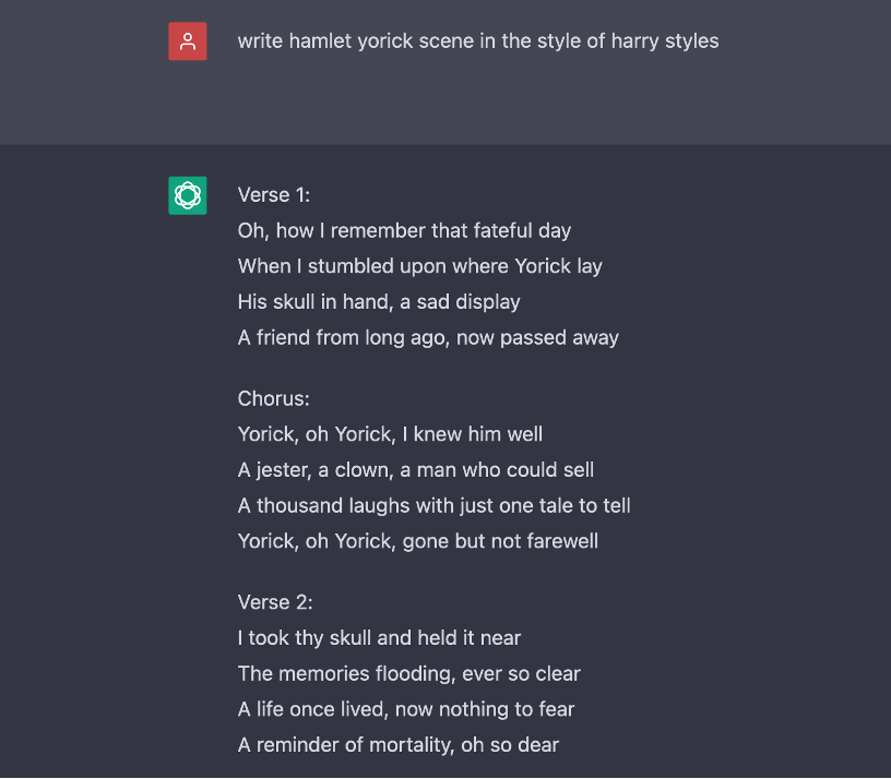 I asked AI to write Hamlet's speech on Yorick in the style of Harry Styles (for a teaching work thing, honest)