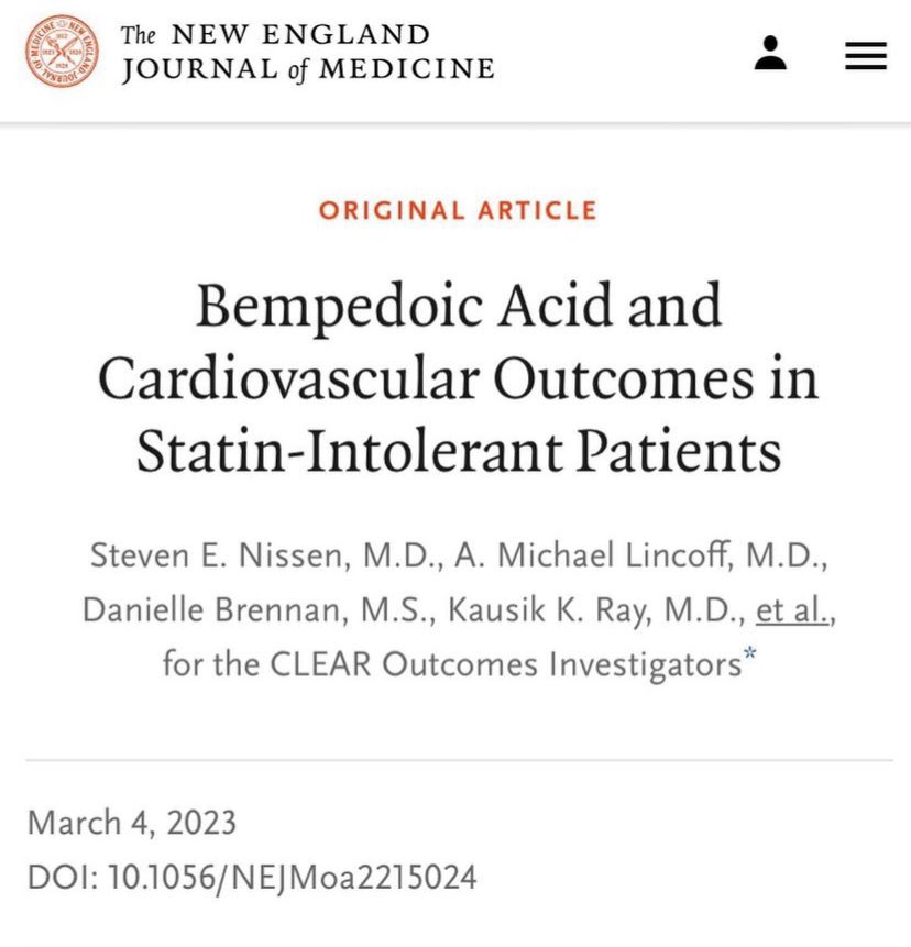 Bempedoic acid for statin intolerant patients? This trial (presented just last month at #ACC23) is the first positive outcomes trial for this lipid lowering drug — and the FIRST to show non-statin benefit in primary prevention. CLEAR Outcomes Trial, NEJM 2023 ♥️ #CardioTwitter