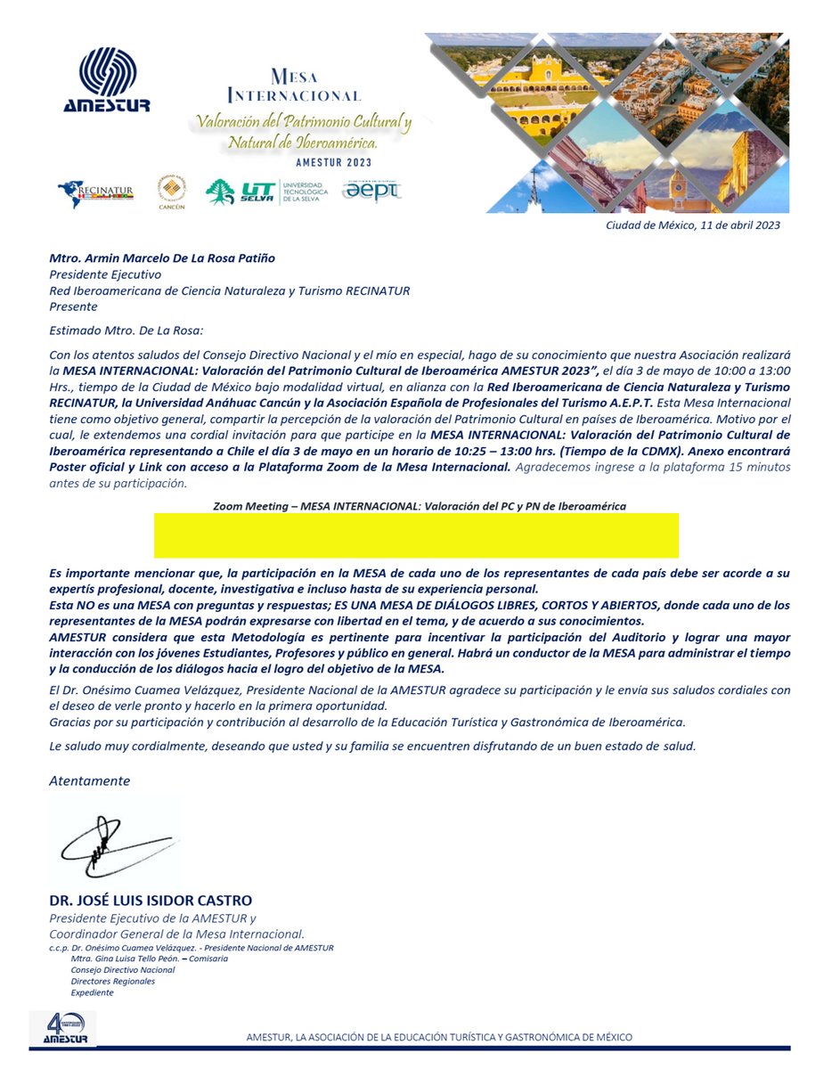 Marcelo De La Rosa (Chile) es invitado a MESA INTERNACIONAL "Valorización del Patrimonio Cultural y Natural de Iberoamérica". Organizado por <a href="/Amestur/">Amestur</a>, (Asociación de la Educación Turística y Gastronómica de México), U. Anáhuac Cancún México, A.E.P.T. España  y <a href="/recinatur/">Recinatur</a>