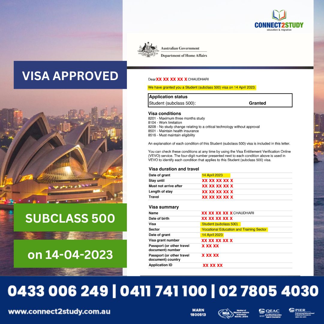 Connect2Study's tweet image. 👍🌏 Exciting news! Our team at Connect2study is thrilled to announce that another visa application has been approved! Congratulations to our client who received their Subclass 500 visa on 14th April 2023! 🎉🎓

#Connect2study #visaapproved #subclass500 #immigration #migration