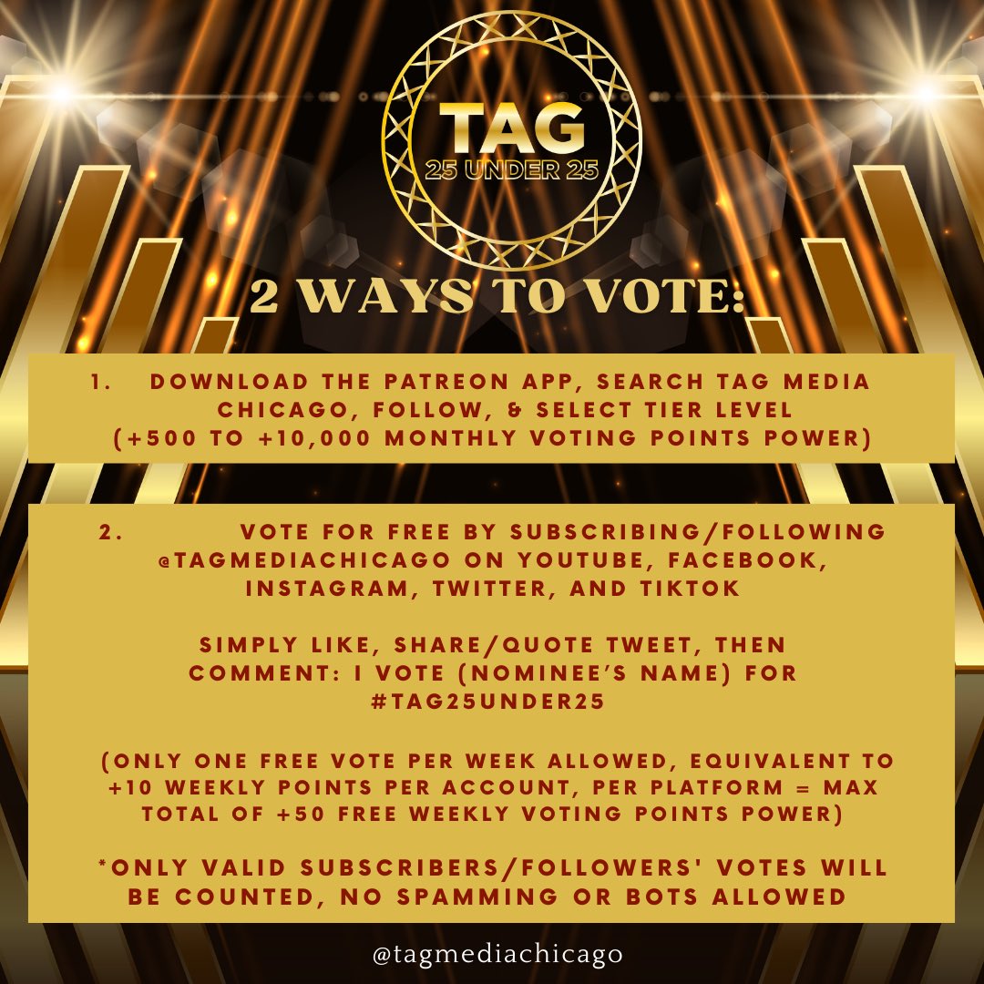 tagmediachicago's tweet photo. ✨The Filipino-American community here in Chicago proudly presents our most prestigious batch of awards yet, introducing #TAG25Under25 honoring the movers and shakers of this generation. 

The first 100 days of 2023 (January 1 to April 10 nomination period) just revealed your TOP 100 Official Finalists, TAG Fam! 🎉 Congratulations, as you’ve made the cut, #VivoreeEsclito @vivoree 

Voting lines are now OFFICIALLY OPEN. 25% Social Media Votes + 25% Jury Votes + 50% Patreon Votes will help determine this year’s Top 25 batch of #TAG25Under25 plaque awardees + a special feature on our first ever BILLBOARD in the heart of Chicago, IL USA 🇺🇸 This year’s award recipients will be recognized on December 2023, alongside other esteemed champions of our annual #TAGAwardsChicago 

📣 You may now accelerate your VPP (Voting Points Power) through https://t.co/dI7856TO2p to support your fave celebrity idols, icons, & influencers. Twenty-five (25) weeks of voting period will run from April 15 to October 7, with weekly announcements of current hot picks. 

In alphabetical order, here’s your #TAG25Under25 Top 100 Official Finalists: https://t.co/1eC4is8L69

Disclaimer: This Promotion is in no way sponsored, endorsed, administered by or associated with Facebook, Instagram, YouTube, TikTok, or Twitter.