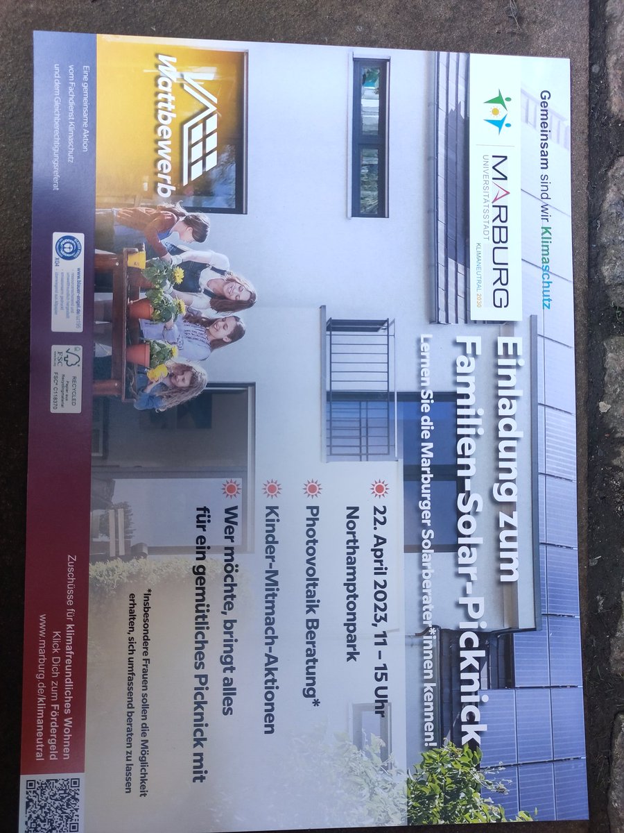 Tatjana Veith (@tatjanaveith) on Twitter photo Nächsten Samstag, 22.04, zweites #Photovoltaik Picknick in @Stadt_Marburg , 11-15h
Mit den ehrenamtlichen #Solar Beraterinnen, Themen rund um PV & Balkonsolar für die #Energiewende
Und mit Kinder- Aktionen und Beratungen für Frauen/ Interessierte☀️
<a href="/wattbewerb/">@Wattbewerb.bsky.social</a>
<a href="/BneMarburg/">BNE Netzwerk "Nachhaltig Lernen Region Marburg"</a> Nächsten Samstag, 22.04, zweites #Photovoltaik Picknick in @Stadt_Marburg , 11-15h
Mit den ehrenamtlichen #Solar Beraterinnen, Themen rund um PV & Balkonsolar für die #Energiewende
Und mit Kinder- Aktionen und Beratungen für Frauen/ Interessierte☀️
<a href="/wattbewerb/">@Wattbewerb.bsky.social</a>
<a href="/BneMarburg/">BNE Netzwerk "Nachhaltig Lernen Region Marburg"</a>