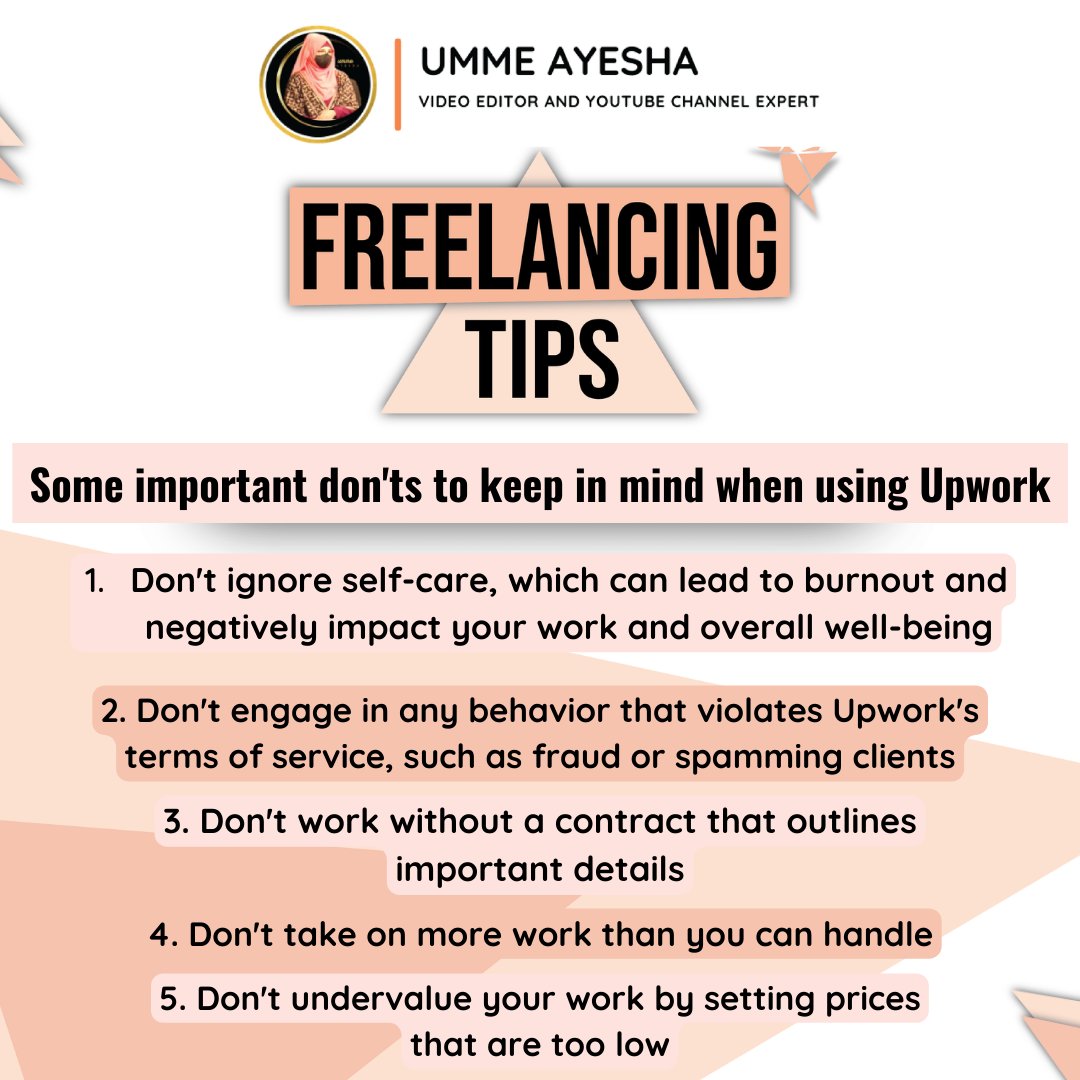 Umme_Ayeshaa's tweet image. 𝐒𝐨𝐦𝐞 𝐢𝐦𝐩𝐨𝐫𝐭𝐚𝐧𝐭 𝐝𝐨𝐧&apos;𝐭&apos;𝐬  𝐭𝐨 𝐤𝐞𝐞𝐩 𝐢𝐧 𝐦𝐢𝐧𝐝 𝐰𝐡𝐞𝐧 𝐮𝐬𝐢𝐧𝐠 𝐔𝐩𝐰𝐨𝐫𝐤:

#upwork #upworktips #upworksuccess #upworkfreelancer #upworking #upworker #upworksuccess #upworkfreelancer #avoid #thingstoavoid #earningonlinemoney #ummeayesha