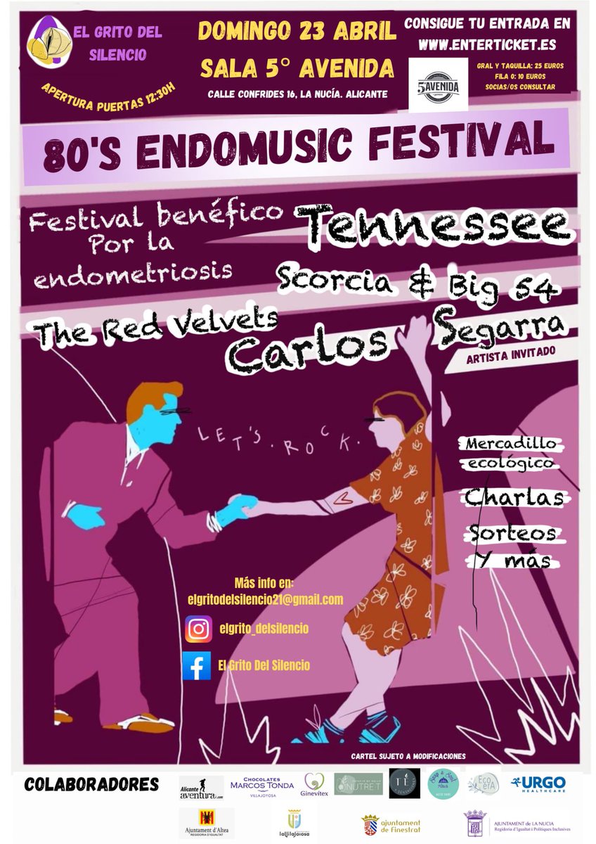 La asociación El Grito del Silencio organiza este evento tan chulo en Alicante para ayudar a financiar un estudio sobre #endometriosis en Alicante y ayudar a dar visibilidad a esta enfermedad crónica. Charlas, conciertos…