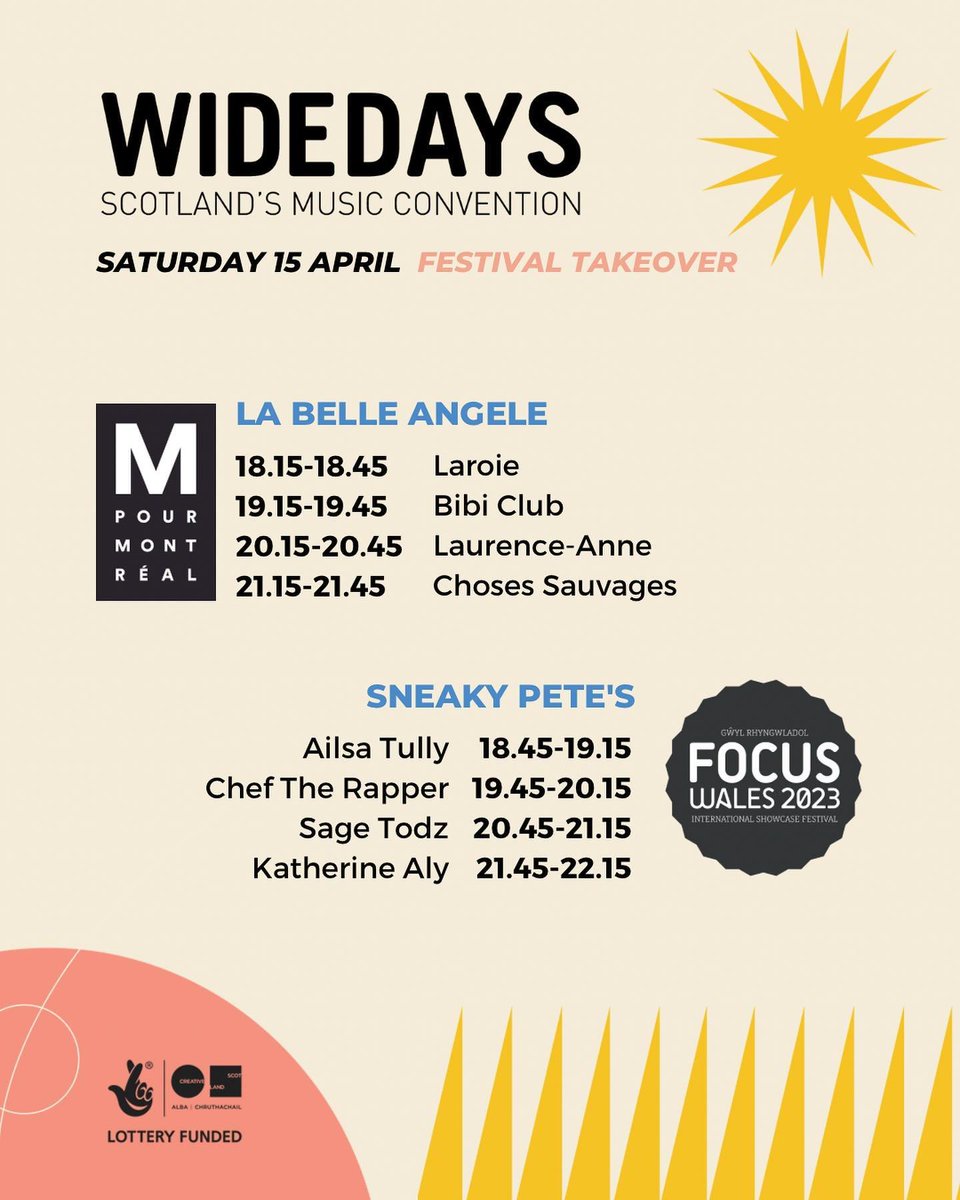 🌟TONIGHT!🌟 It's the @mformontreal and @FocusWales Festival Takeover for @widedays at @welovelabelle & @sneakypetesclub ft. @Laroie_Music @BibiClubmusic Laurence-Anne Choses Sauvages @AilsaTully @thisischef1 @SageTodz @itskatherinealy We're going. Are you? 💛