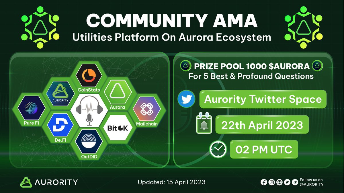 🚨Special AMA Utilities on <a href="/auroraisnear/">Aurora</a>🚨
🎁1000 $AURORA For 5 The Most &amp; Profound Questions🎁

7 days &amp; rules
1️⃣Like, RT &amp; follow us

2️⃣Join t.me/auroritychat - t.me/auroritychat

3️⃣Drop questions and tag 3 friends

🎙️Don't forget to take the opportunity to discuss
