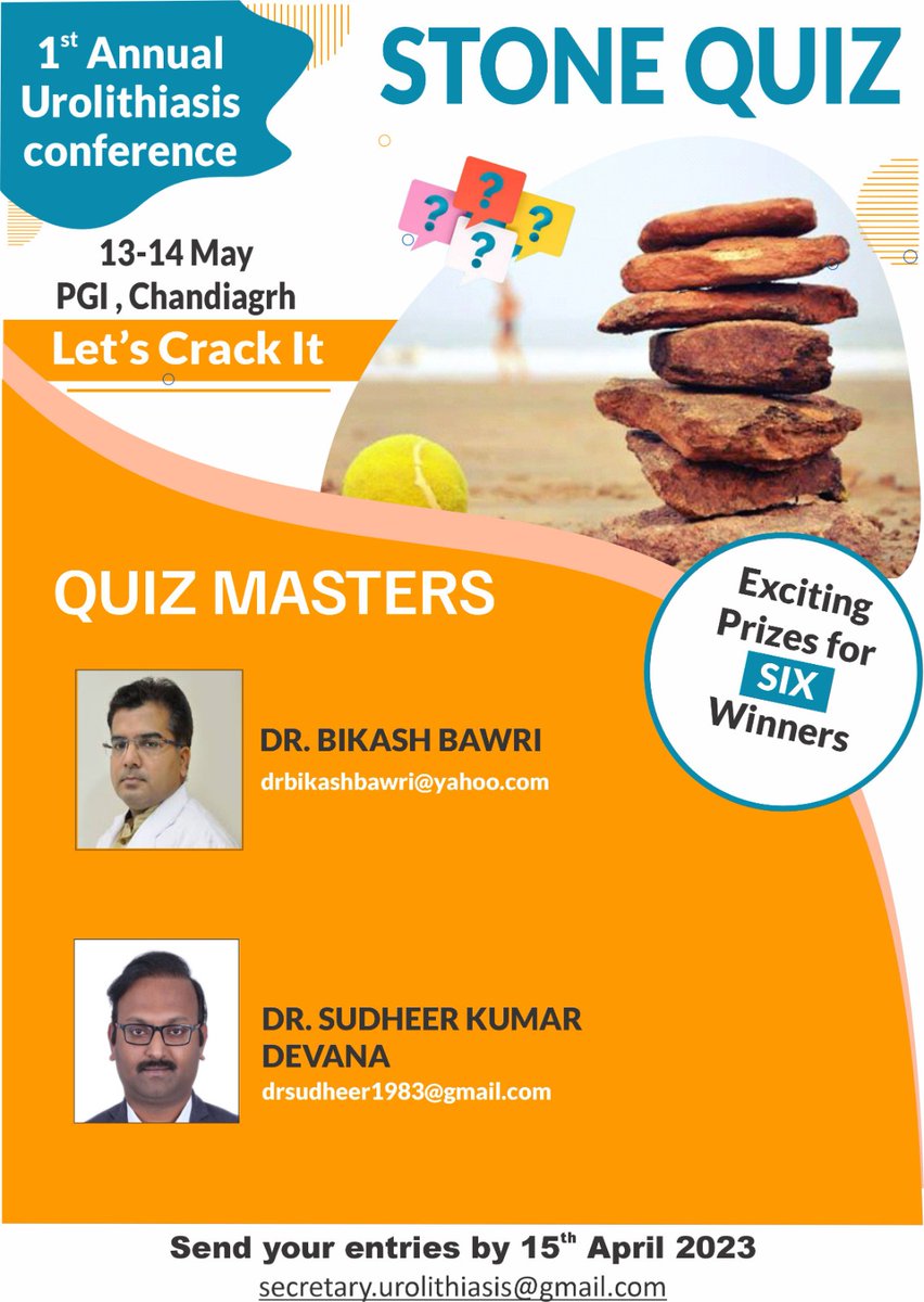 Get ready to brainstorming quiz during 1st annual urolithiasis conference and win exciting prizes. Interested urology residents(MCh or DNB) who are willing to participate can click the following link and fill the google form immediately.
forms.gle/xYrpPTp66mzQLM…