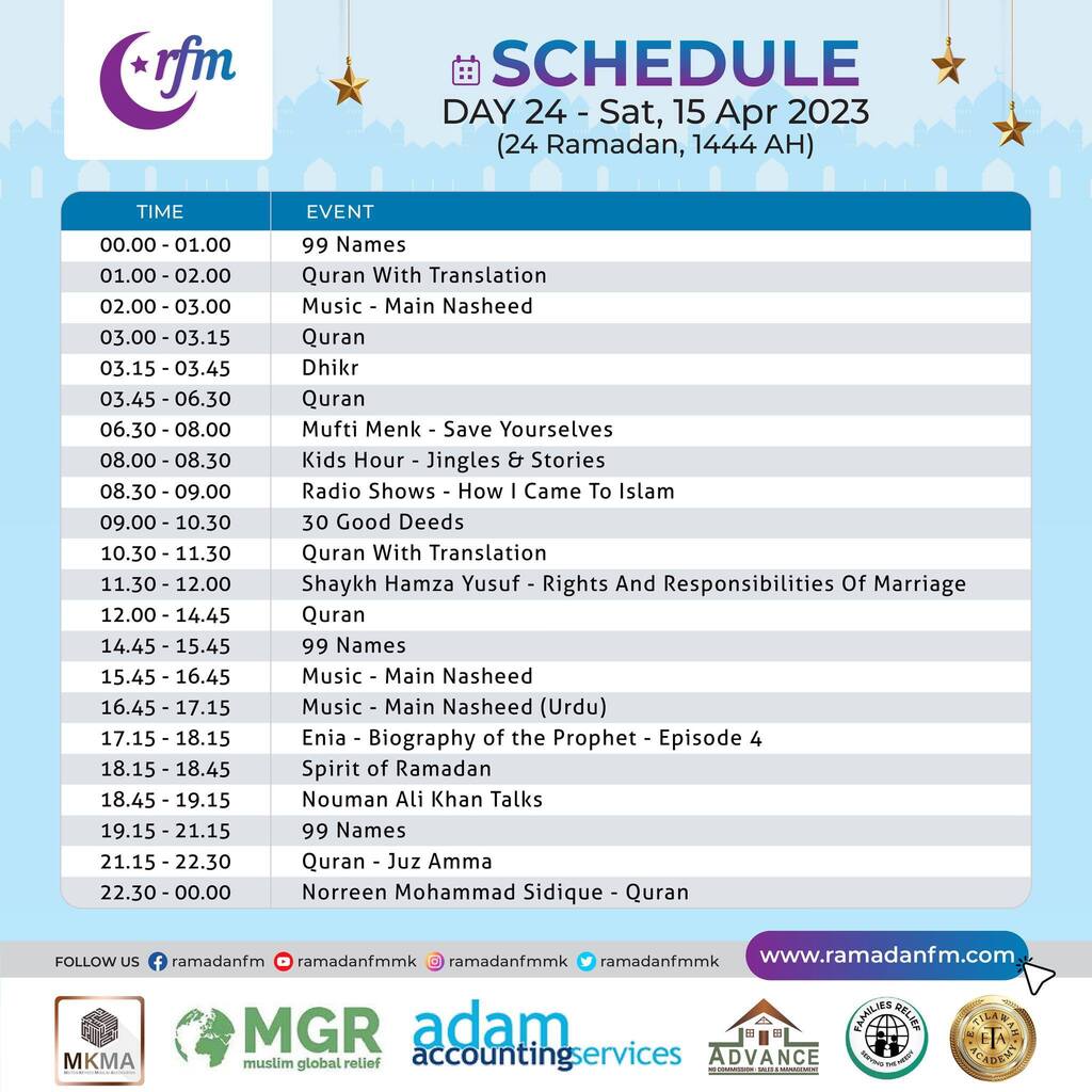 ramadanfmMK's tweet photo. RamadanFM Day 24 is here!
Day 24 Schedule - Sat, 15 Apr 2023
(24 Ramadan, 1444 AH)

Listen Live https://t.co/SwHHhRlJVC

#RamadanDay24  #RamadanFM #ramadanfmmk #holymonthoframadan #LISTENLIVE #muftimenk #shaykhhamzayusuf #quranmajeed #99names #gooddeeds #miltonkeynes #miltonke… https://t.co/wNhLHv8f7K