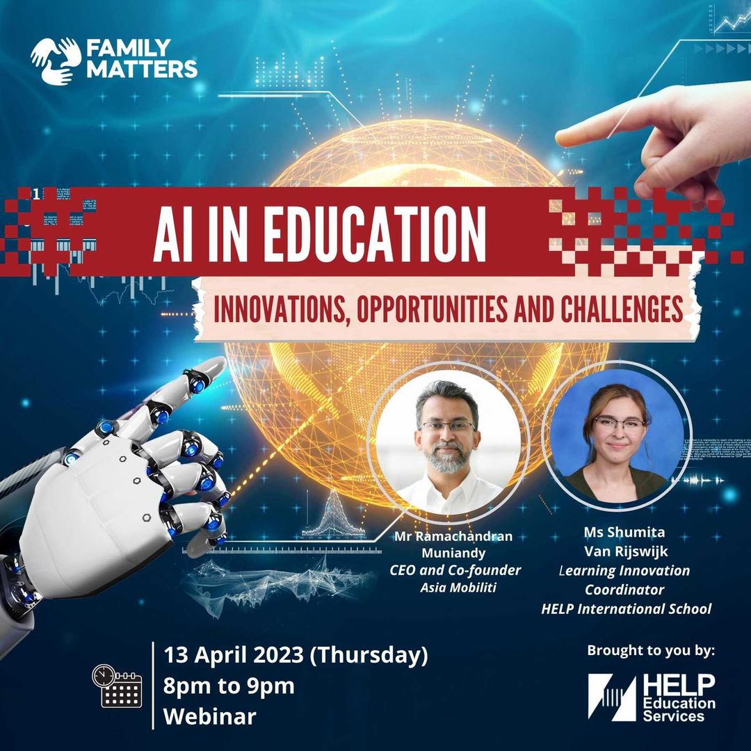 I was honoured to be part of a webinar on AI in Education in partnership with <a href="/HELPISKL/">HELP International School</a> and the co-founder of Asia Mobiliti, Mr. Ramachandran Muniandy. We dove deep into how AI is transforming the education industry.  #his_learning #aieducation 

fb.watch/jW2d0TWQUt/