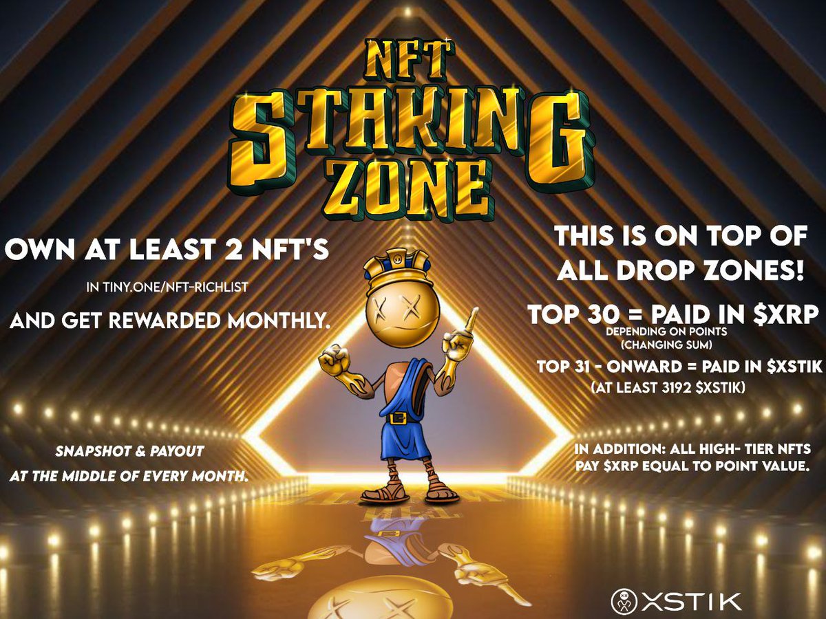 🚨NFT STAKING ZONE SNAPSHOT IS TODAY!

▪️If you are in TOP30 at tiny.one/nft-richlist, you can increase your monthly Staking Zone #XRP rewards 20-40% by being also in TOP100 of $xSTIK Token richlist.

▪️Climb to TOP100 / TOP50 in richlist.xyz/xstik now!

IT'S TIME 💰