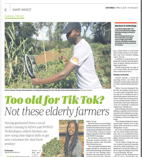 KoanKenya's tweet photo. Grab a copy of today's Standard Newspaper and read all about our #Farmfluencers success stories following our Social Media Training with WOWZI in partnership with FiBL.
@WowziTheWorld @fiblorg
#KOANKENYA
#kilimohaiorganic
#iamorganified https://t.co/2IXwIDZXQq