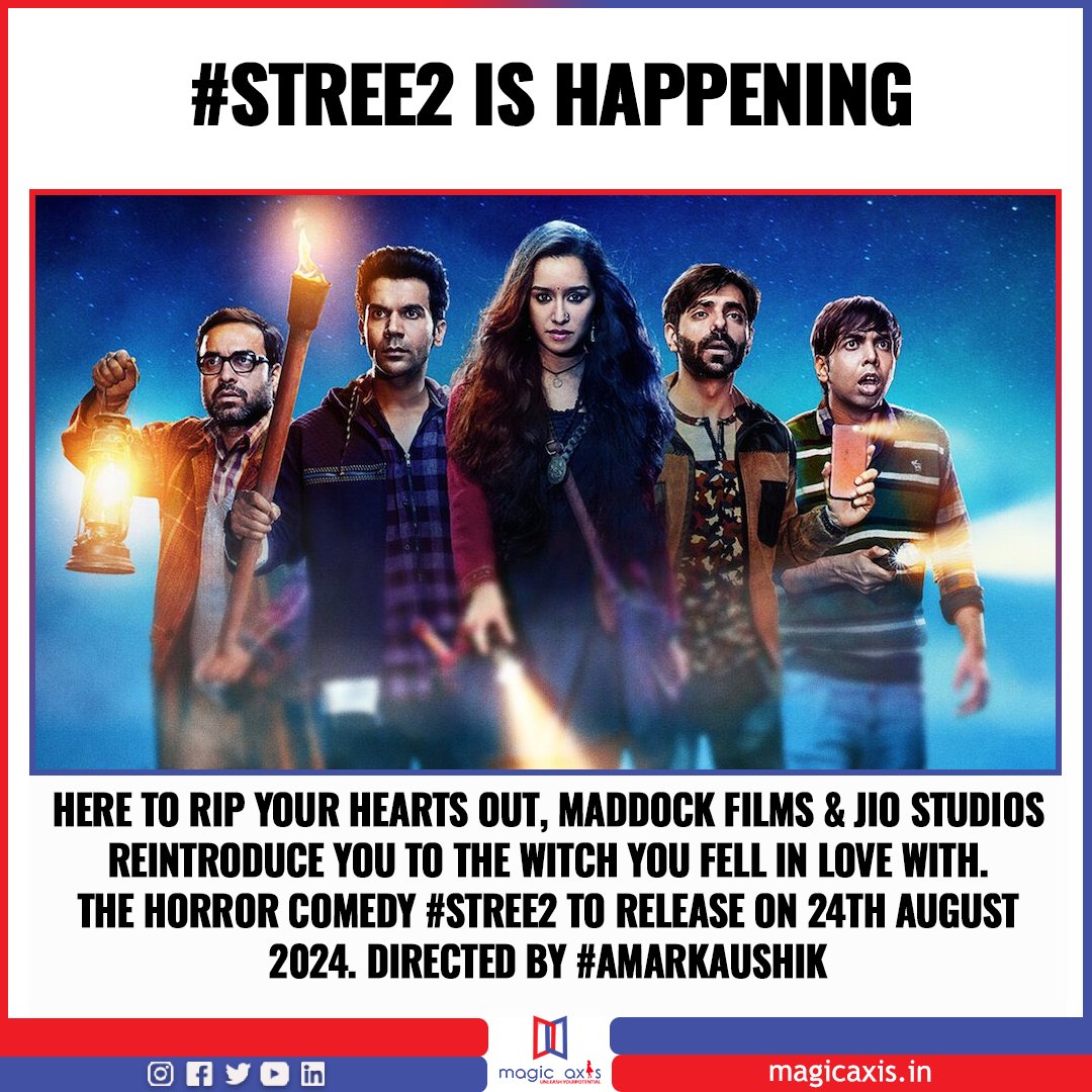 Here to rip your hearts out, Maddock Films & Jio Studios reintroduce you to the witch you fell in love with. 
The horror comedy #Stree2 to release on 24th August 2024. Directed by #AmarKaushik 

#PankajTripathi #ShraddhaKapoor #RajkummarRao #MaddockFilms #jiostudios
