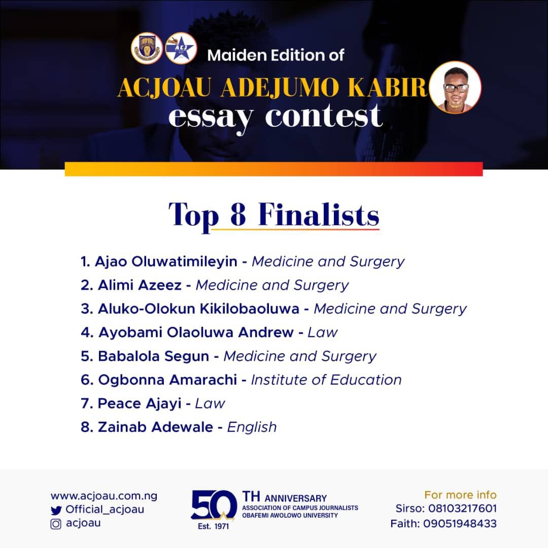 Congratulations to the Top 8 finalists of the ACJOAU ADEJUMO KABIR Essay Contest. We will get back to you soon. #50Anniversary #ICJC