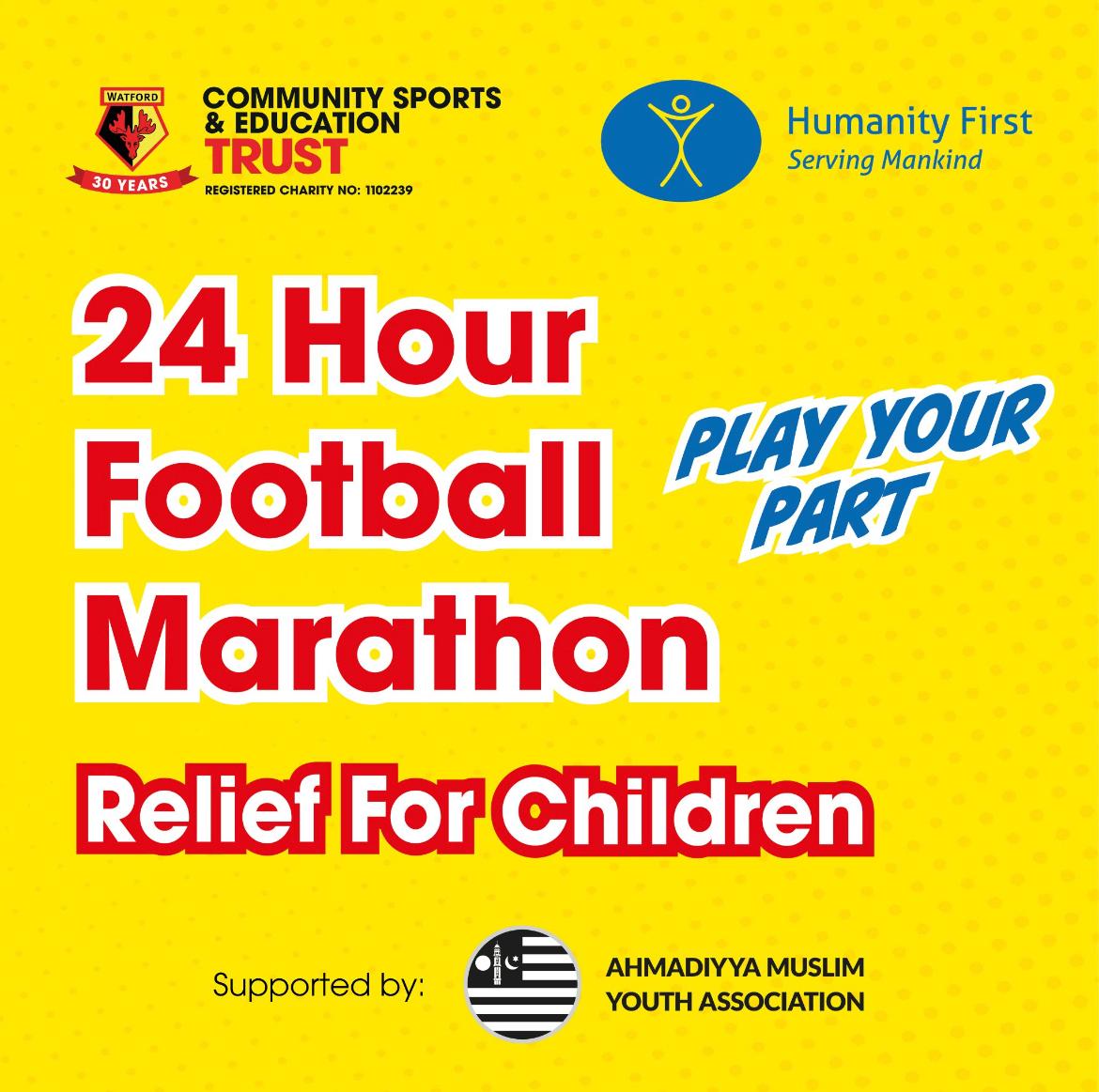 ⚽ We are proud to partner with <a href="/WFCTrust/">Watford FC CSE Trust</a> Watford FC Community Sports &amp; Education Trust and the Ahmadiyya Muslim Youth Association <a href="/UKMuslimYouth/">AMYA UK</a> for a 24hr football marathon.

Open to all members, teams can register and fundraise to show their support ⤵️
watfordfccsetrust.com/24football/