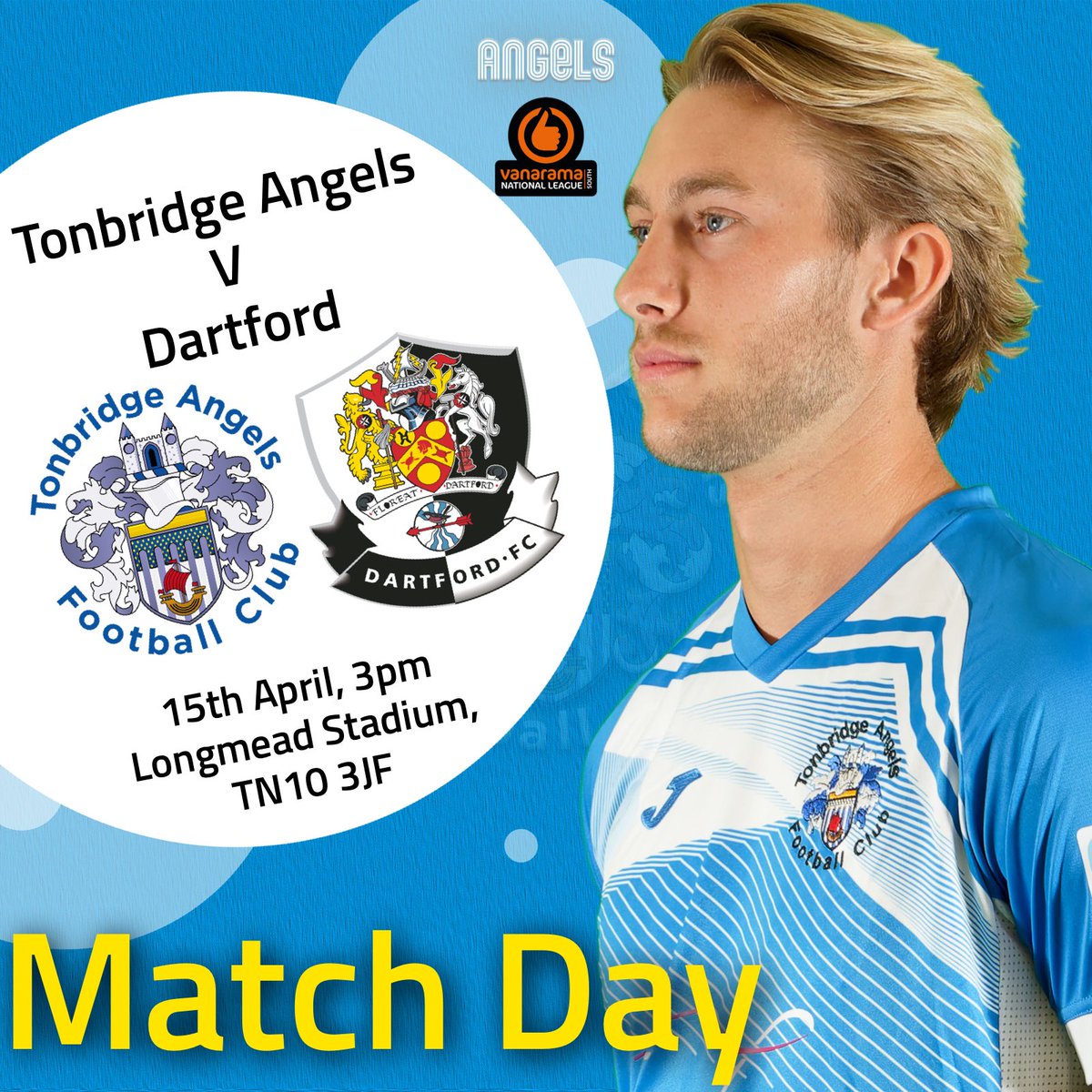 ⚽️ | Kent Derby Day!

😇🆚 <a href="/dartfordfc/">Dartford FC</a> 
🗓️ Sat 15th April
⏰ KO 3pm
📍Longmead Stadium, TN10 3JF 
🏆 <a href="/TheVanaramaNL/">ReckyTHFC #FRANKOUT</a> South
🎟️⚠️ A large crowd is expected so arrive early to avoid delays at the turnstiles / buy tickets in advance online at tonbridgeangels.co.uk/buy-tickets
 #️⃣ #COYA #TAFC