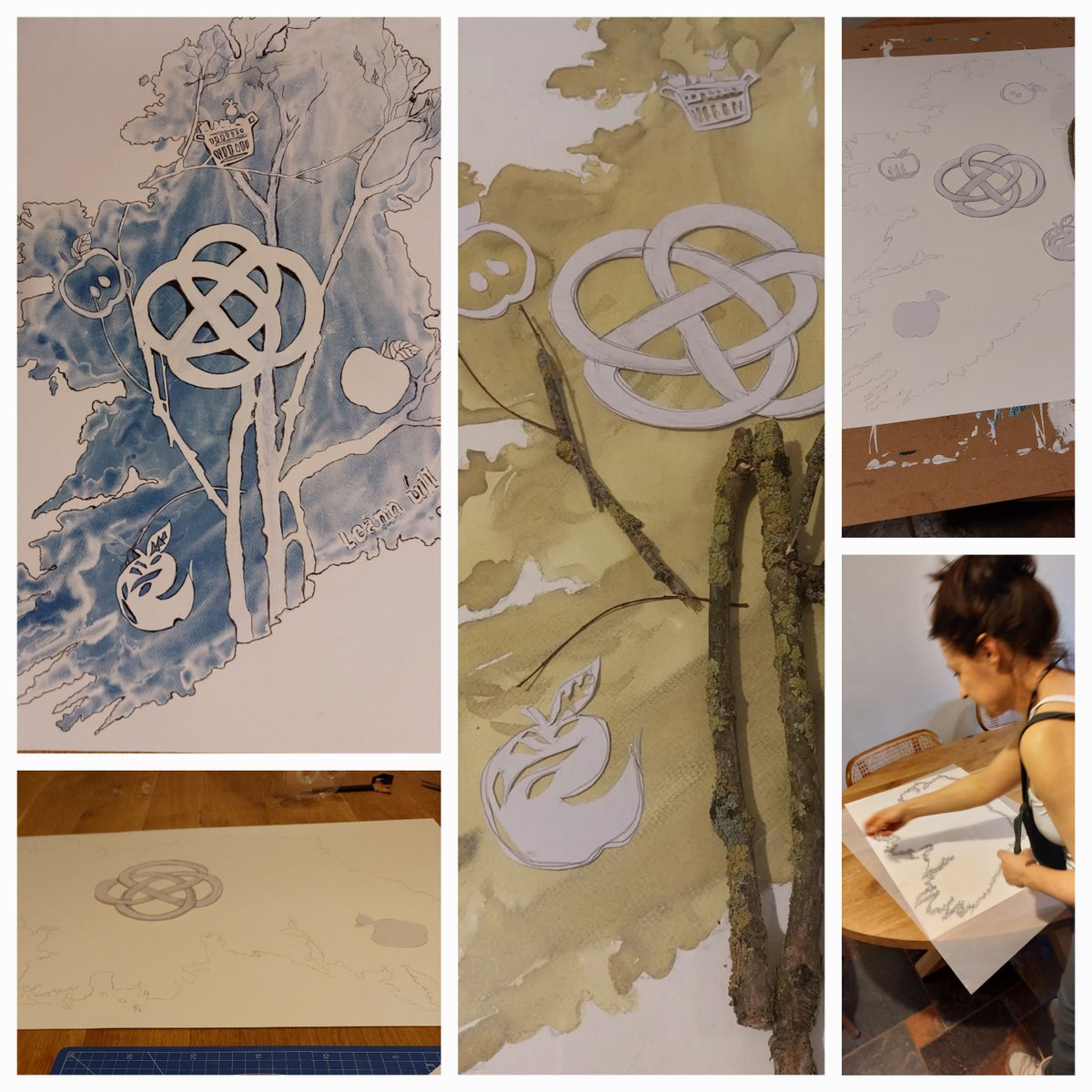 A cyanotype print using nature, fallen branches, hand carved stencils, UV light. A process just like the cider process. The branches spreading across our beautiful land, your logo at the centre of it #WorldArtDay2023 #irishcider #irishartist #apples #cyanotypeprint #natureinart
