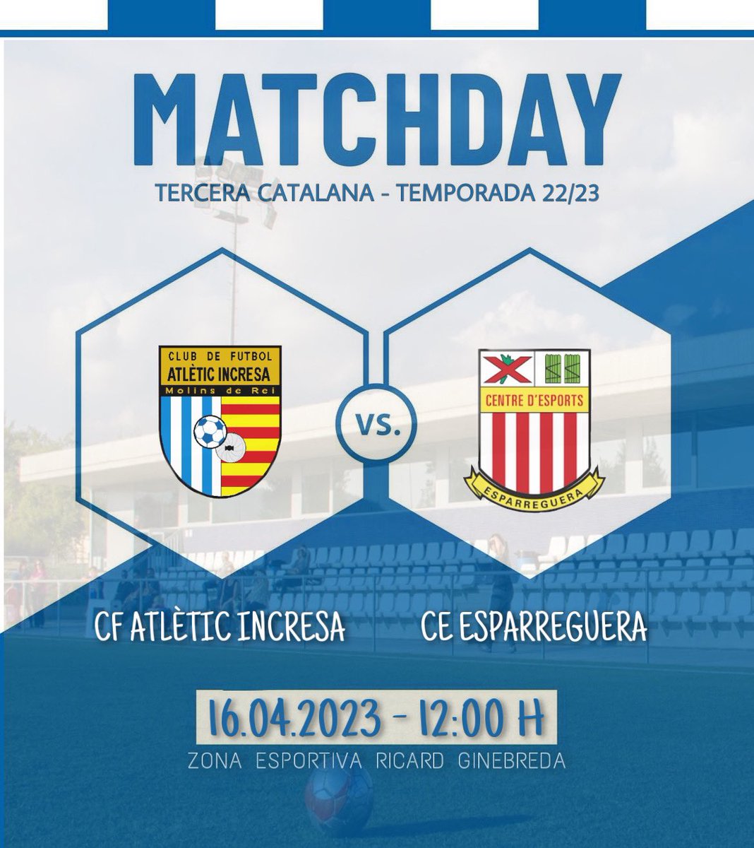 Primer equip | Jornada 26

⚽️⚔️ NEXT MATCH ⚔️⚽️ 

🆚 <a href="/CE_ESPARREGUERA/">CE_Esparreguera</a> 
📅 Diumenge 16 d’Abril
⏰ 12:00
🏟️ Zona Esportiva Ricard Ginebreda

#Sisasisa #SentimentIncresa #3cat8