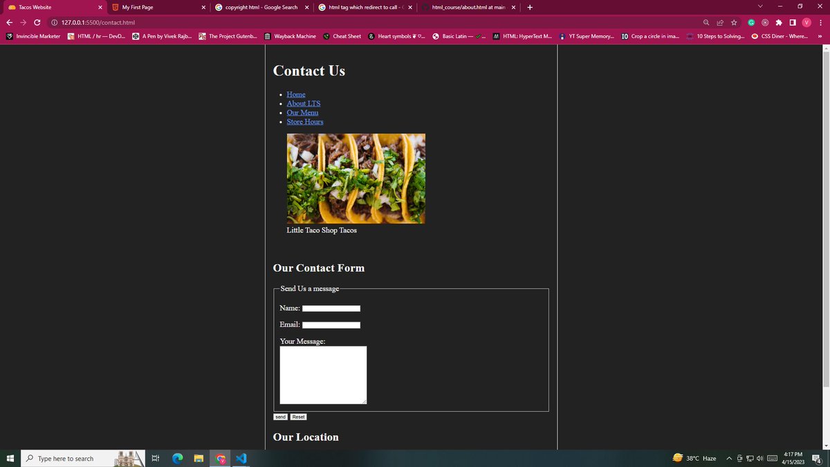 vivekcodr's tweet photo. Day 2 of #100DaysOfCode ✅
I learnt semantics tags, html tables, html forms. Using these html tags and elements i have built tacos simple webpage. Please have a look.
@WeMakeDevs https://t.co/UYlNApiK1k