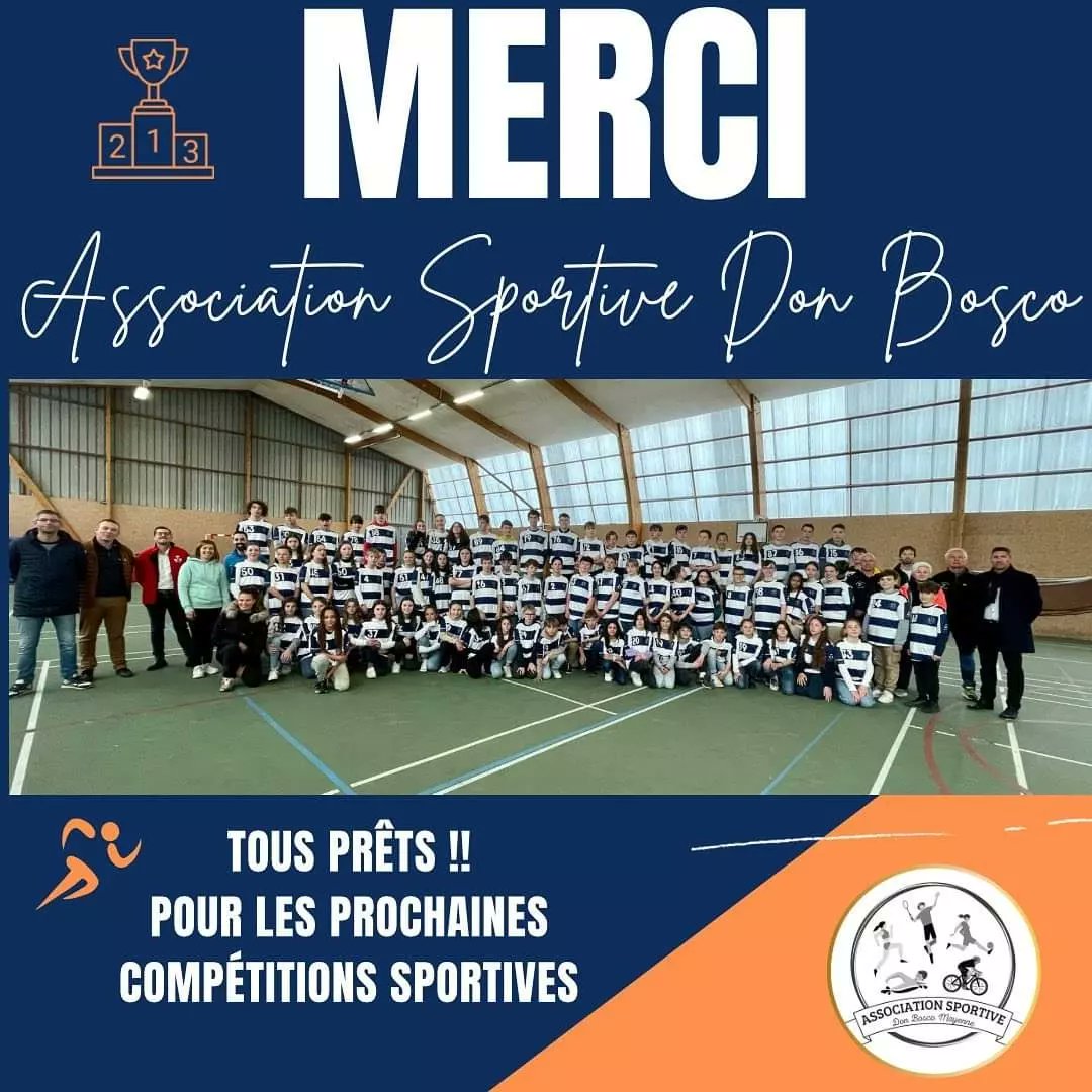 100 nouveaux maillots pour l’Association Sportive Don Bosco.
Ces maillots seront utilisés sur chaque compétition UGSEL pour porter haut les couleur de l'établissement.
Un grand merci à nos parenaires : 
- Credit mutuel de Mayenne 
- Hyper U Mayenne
- Intersport Mayenne