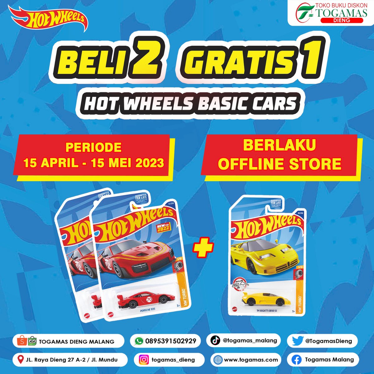 TogamasDieng's tweet photo. Promo setiap pembelian 2pcs mainan Hot Wheels gratis 1pcs, Wahh....sangat menarik ya? Yuk jangan sampai ketinggalan dan terlewatkan.

Event berlaku mulai tanggal 15 April - 15 Mei 2023 (Khusus pembelian Offline Store)

#promohotwheels
#hotwheelsmurah #hotwheelsmurahmalang https://t.co/noPdM17VTP