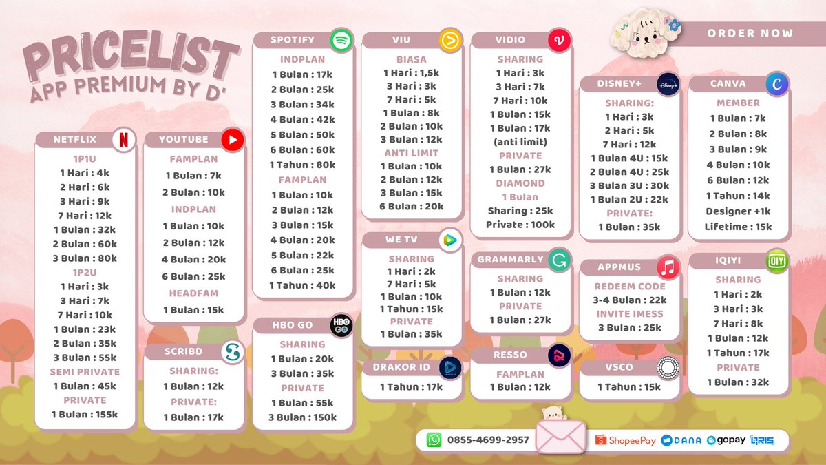 deyapp_prem's tweet photo. @jayeuzv PRICELIST BARU AKU YA LOV!🩶

Buat yg lg nyari app premium, bole liat pl nya duluu. ada netflix, yt prem, wetv, spotify, hbo go, viu, vidio, disney+, iqiyi, dll🥰  
#zonauang 

📌 Trusted 100%, ada testi
📌 Ramah
📌 Fastresp

for fastresp langsung ke wa – https://t.co/aqQRWRasFn https://t.co/b15GcaOQk8