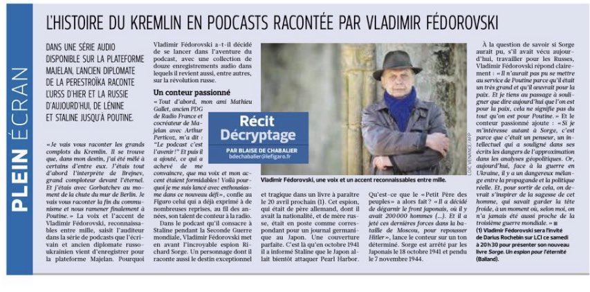 Bravo <a href="/mathieu_gallet/">Mathieu Gallet</a> et merci <a href="/Le_Figaro/">Le Figaro</a> @BlaisedeChabalier pour  cet excellent papier consacré à la série de podcasts de Vladimir Fedorovski sur les secrets du Kremlin disponible sur <a href="/majelan/">majelan</a>. @ETX_Studio <a href="/cgabizon/">cécilia gabizon</a> <a href="/abrezet/">Alexis Brézet</a> <a href="/bertrandgie/">Bertrand Gié</a> Félicitations a l’équipe.