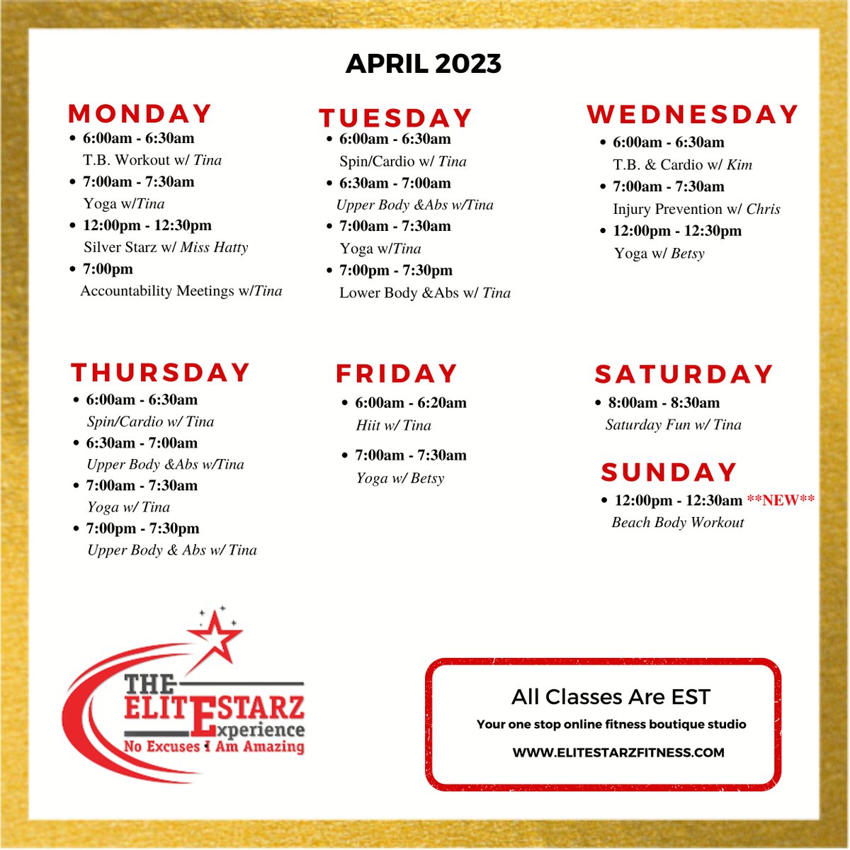 This is our schedule of classes for the month if you want to join us.  We get results and take NO EXCUSES!!!! click the link to join us elitestarzfitness.com/appointment