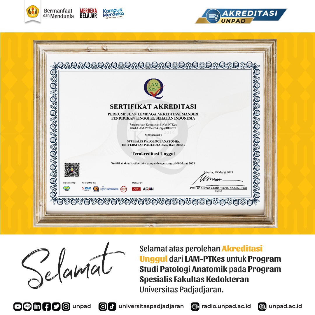 unpad's tweet photo. Selamat atas perolehan akreditasi Unggul dari Perkumpulan LAM-PTKes untuk Program Studi Patologi Anatomik pada Program Spesialis Fakultas Kedokteran Universitas Padjadjaran.
#AkreditasiUnpad
#FKUnpad
#Unpad
#UniversitasPadjadjaran https://t.co/YrpkzcPJQB