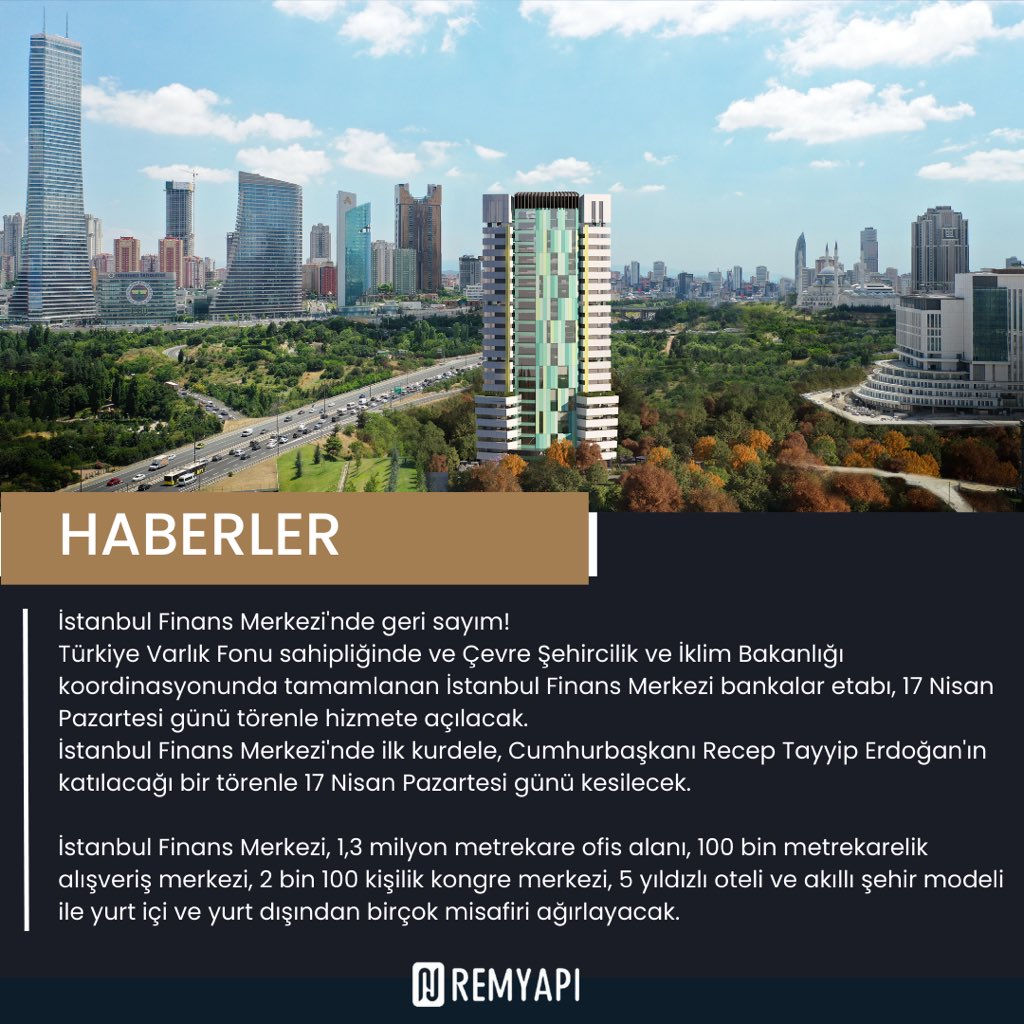 İstanbul Finans Merkezi’nde Geri Sayım ⏳
17 Nisan Pazartesi günü, Cumhurbaşkanı Recep Tayyip Erdoğan’ın katılacağı törenle kesilecek ilk kurdele ile ilgili detaylar postumuzda💫