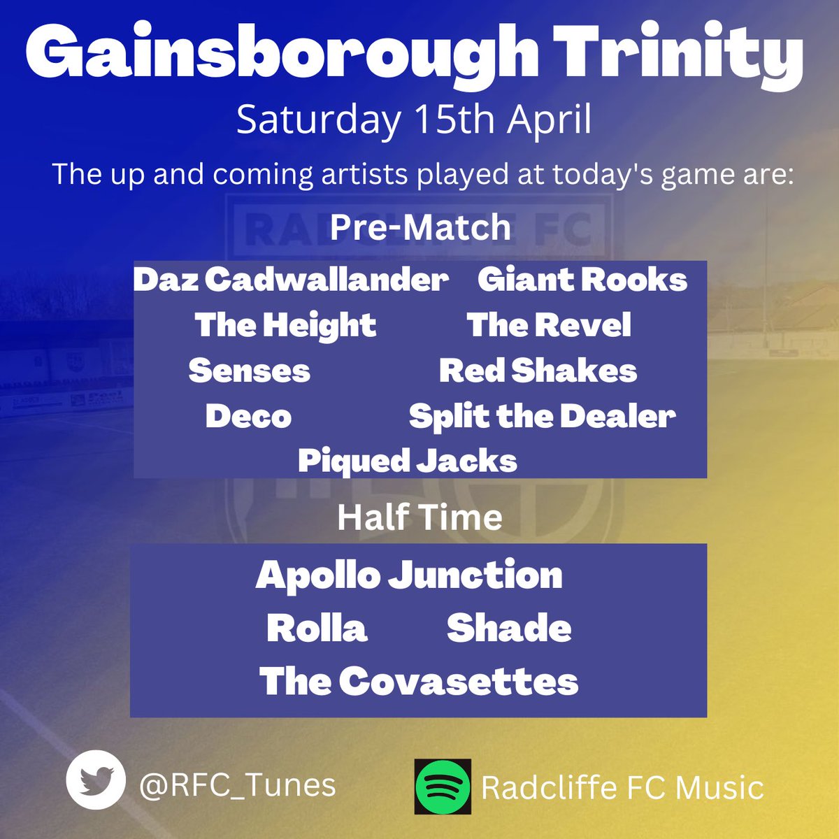 Radcliffe FC Music (@rfc_tunes) on Twitter photo Final home game of the season!
4th versus 5th!
A must win to remain in the play offs!
Could it be any more dramatic?!
Here’s today’s unsigned and up and coming artists you’ll hear when <a href="/radcliffeboro/">Radcliffe FC</a> take on <a href="/GainsTrinityFC/">Gainsborough Trinity</a> at The Neuven.
Up the Boro!!
<a href="/ApolloJunction/">Apollo Junction</a> Final home game of the season!
4th versus 5th!
A must win to remain in the play offs!
Could it be any more dramatic?!
Here’s today’s unsigned and up and coming artists you’ll hear when <a href="/radcliffeboro/">Radcliffe FC</a> take on <a href="/GainsTrinityFC/">Gainsborough Trinity</a> at The Neuven.
Up the Boro!!
<a href="/ApolloJunction/">Apollo Junction</a>