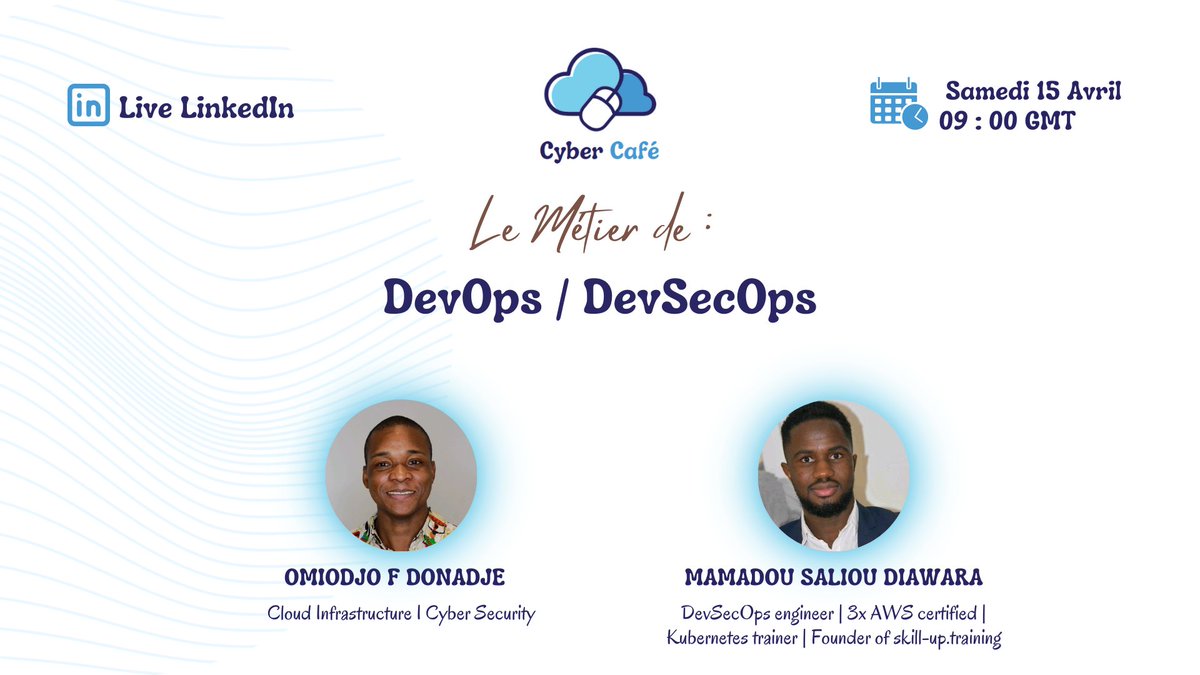 cybercafeinfos's tweet photo. Rejoignez-nous au Live LinkedIn, ce Samedi 15 Avril 2023 à 09H00 GMT pour échanger autour des enjeux et perspectives du métier de : DevOps et DevSecOps.
Lien d'accès gratuit : https://t.co/s2YwbGN3dk
Speakers : Omiodjo F Donadje et Mamadou Saliou DIAWARA https://t.co/xmL2m6nwHb