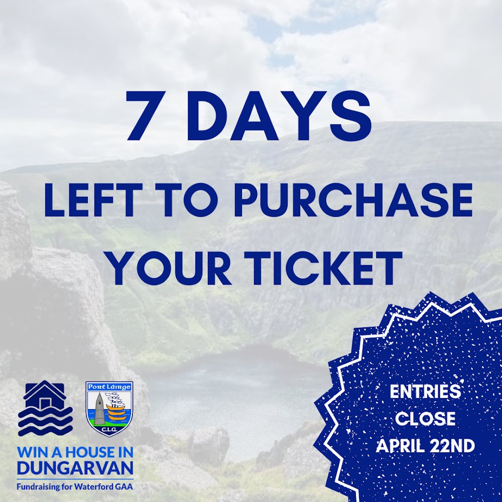 Only 7 Days left to purchase your ticket. Ticket sales close this day next week. Purchase your ticket today at winahouseindungarvan.com or at our pop up shop in Dungarvan shopping centre today.