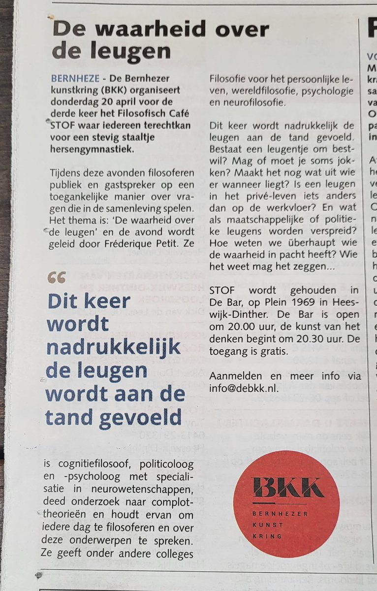 Kunstkring's tweet photo. De waarheid over de leugen. 
Donderdag 20 april is er weer een filosofie-café onder leiding van Frederique Petit bij De Bar in H-D. Denk je mee over de leugen? Aanvang 20.30 uur, de toegang is gratis. https://t.co/eAmjAVztuQ