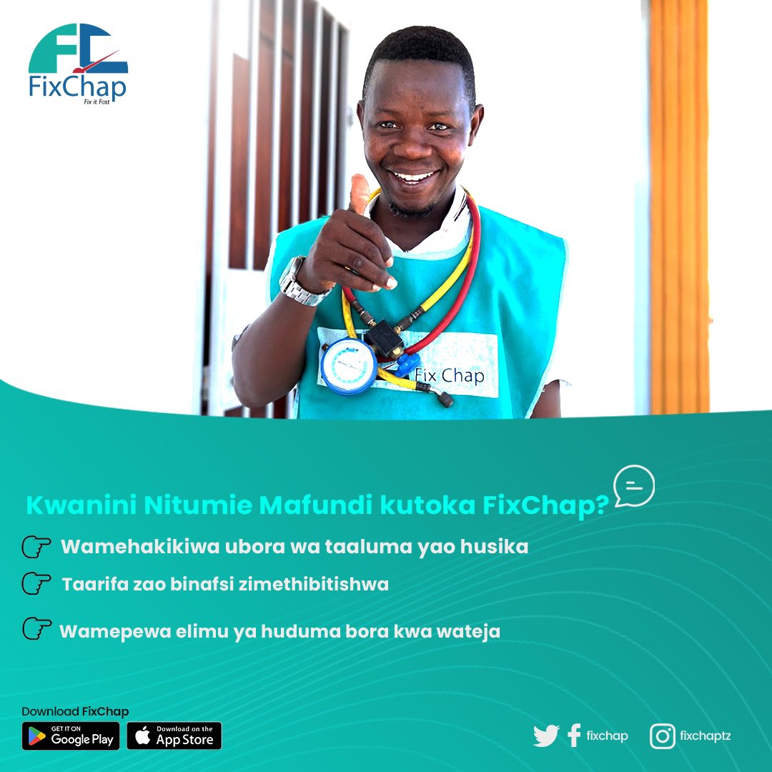 FixChap's tweet photo. Why should i use FixChap ?
This is because the Technicians have gone through the following:
- Personal Identity Verification
- Vetting and technical competence verification
-Training on customer service and Etiquette
#FixChap #FixItFast #fundi #homemaintenance https://t.co/yiszl54PU9