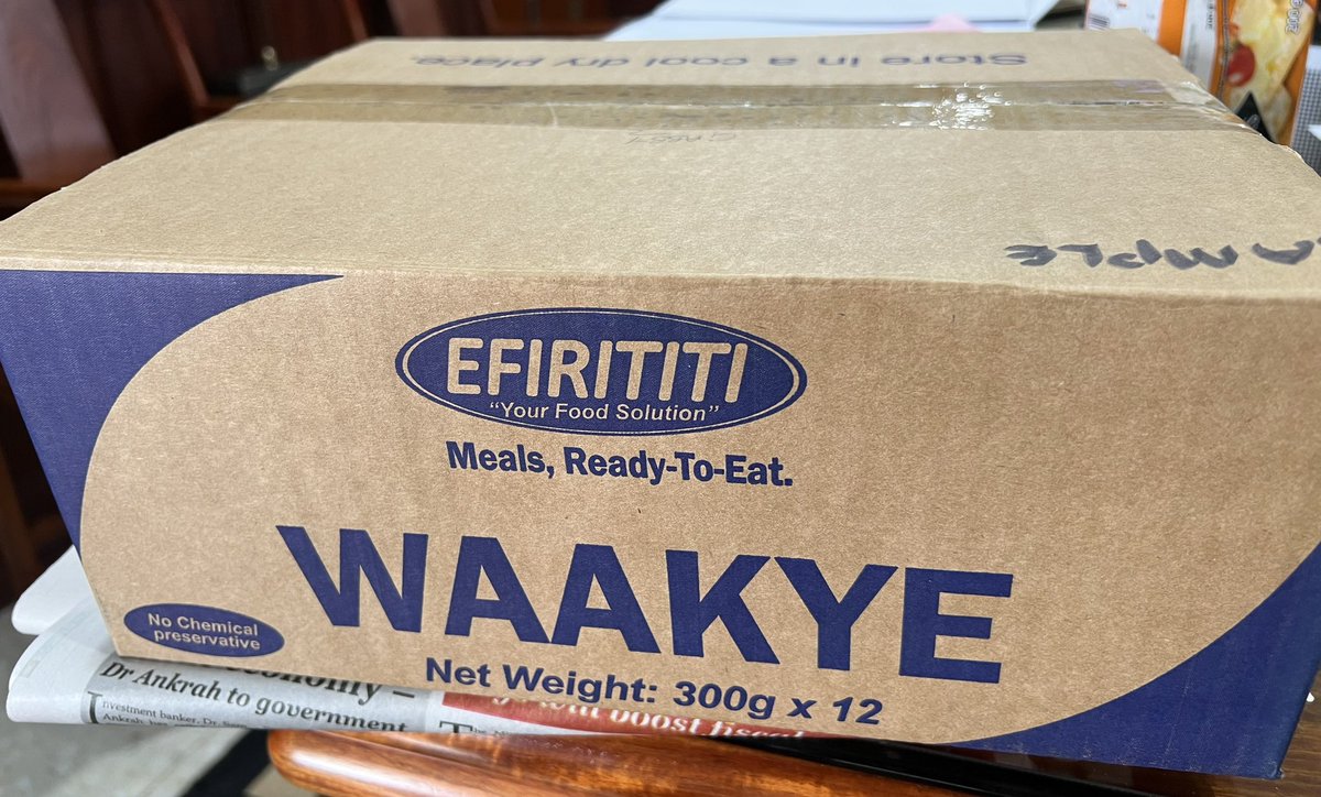 GabbyDarko's tweet photo. I invited my friend Dr Eugene Owusu for a waakye lunch in my office, ALA, early March and he promised me to send samples of canned waakye his good friend has started packaging, under the brand name Efirititi. “Open the can, pour content into a bowl, microwave and eat,” he said. Days later, I received this box. And, other samples, including canned jollof, sachet shito (hot pepper & shrimps sauce), and fante kenkey. To go with the waakye, there are canned beef stew and canned chicken stew, too.  It stays fresh in the can for 2 good years.  Will be perfect for camping, travelling, trek, soldiers on peace keeping duties, boarding students, and for shipping to relatives abroad.  Or simply as part of your shopping list for your kitchen.