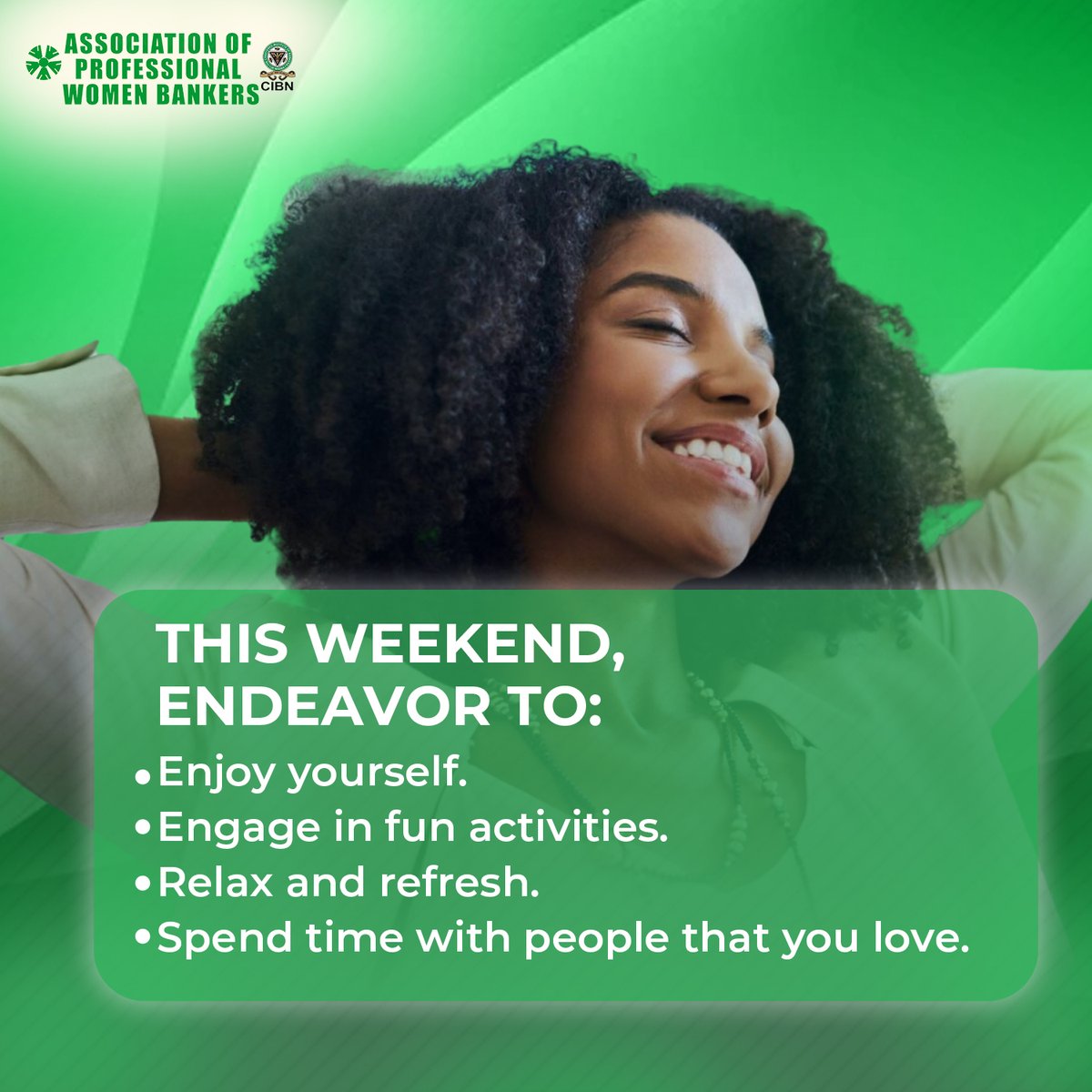 What are your plans this weekend? Make sure to do something you love. 

#APWB #APWBNigeria #WeekendBreak  #WeekendPlans #WeekendPlan #WeekendRelaxing #WeekendReading #WeekendActivity