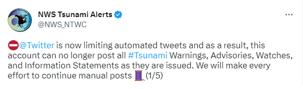 RT @BNONews@mastodon.social
U.S. National Tsunami Warning Center says its Twitter account can no longer provide tsunami warnings in real time
https://t.co/nTy6PLsysi https://t.co/pHWEJmmcll