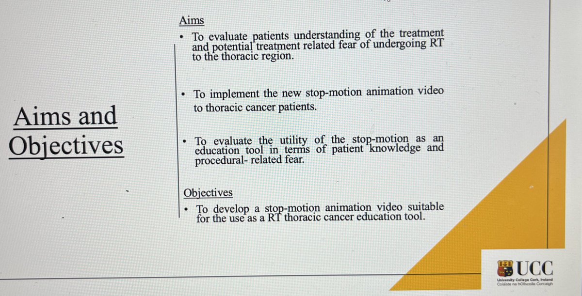 Moving on to our second presentation this morning with Laura Delaney on the utility of a stop motion animation aid in providing information for patients undergoing radiation therapy treatment for thoracic cancers #Professionalupdates #cpd <a href="/UCCMedHealth/">UCC Medicine & Health</a> <a href="/markmcentee/">Prof Mark McEntee</a>