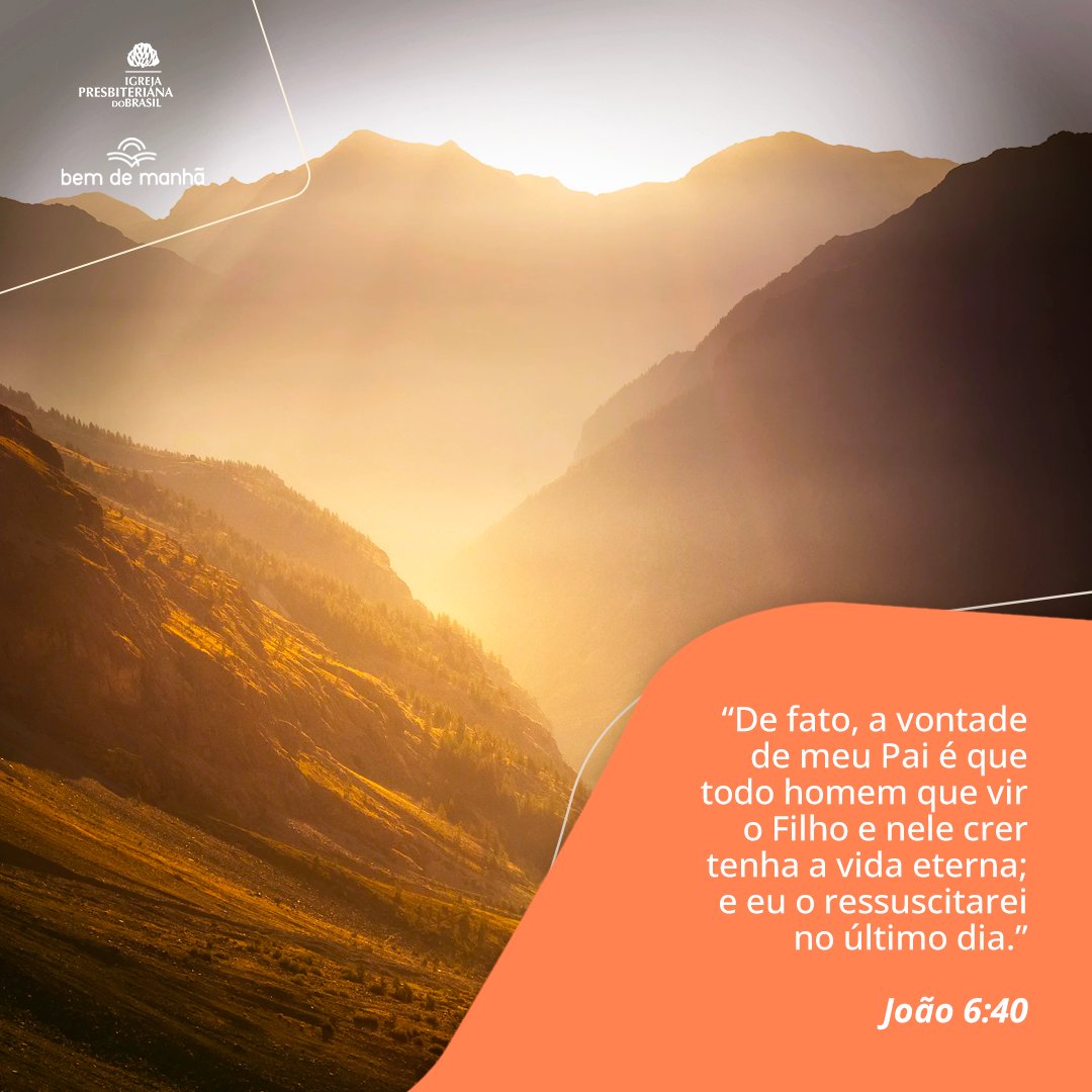 ipboficial's tweet photo. Bem de Manhã: Comece o dia meditando na sabedoria de Deus.

“De fato, a vontade de meu Pai é que todo homem que vir o Filho e nele crer tenha a vida eterna; e eu o ressuscitarei no último dia.”

João 6:40 https://t.co/g8HuYw0qWy