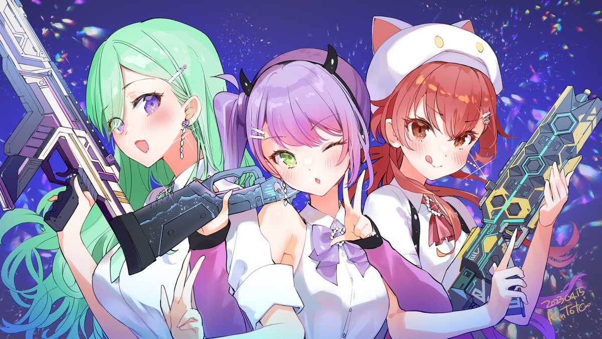 tokoyami towa multiple girls weapon gun 3girls hair behind ear holding weapon holding gun  illustration images