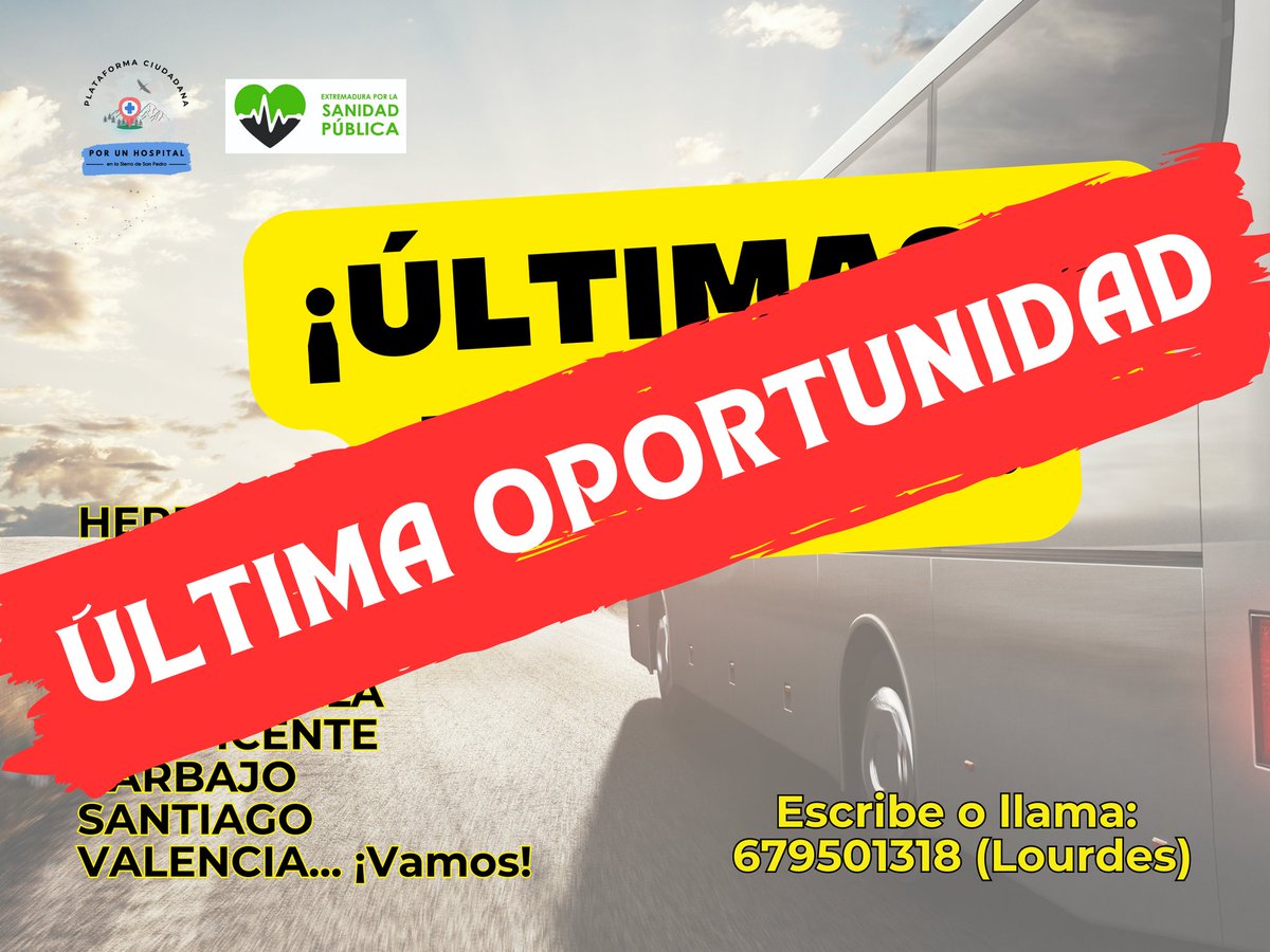 plataformahssp's tweet photo. ⚠️ Ahora sí que sí: 𝗠𝘂𝘆 𝗽𝗼𝗰𝗮𝘀 𝗽𝗹𝗮𝘇𝗮𝘀 ⚠️ ¡No lo pienses más! 
🔜 Llama o escribe a Lourdes: 679501318

#9pueblos1lucha 
#22avoyaMerida 
#YovoyaMerida https://t.co/2NaJnEcLYc