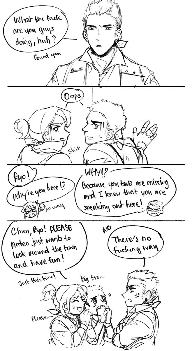 (Sketch) "Out of all the people, why it has to be you…"

Jett and Gekko sneaked out but got caught by Yoru. He knew Reyna'll be mad if something happened to her precious lil brother. As the big bro, Yoru always watches over these two rascals and now…he fucked up… 