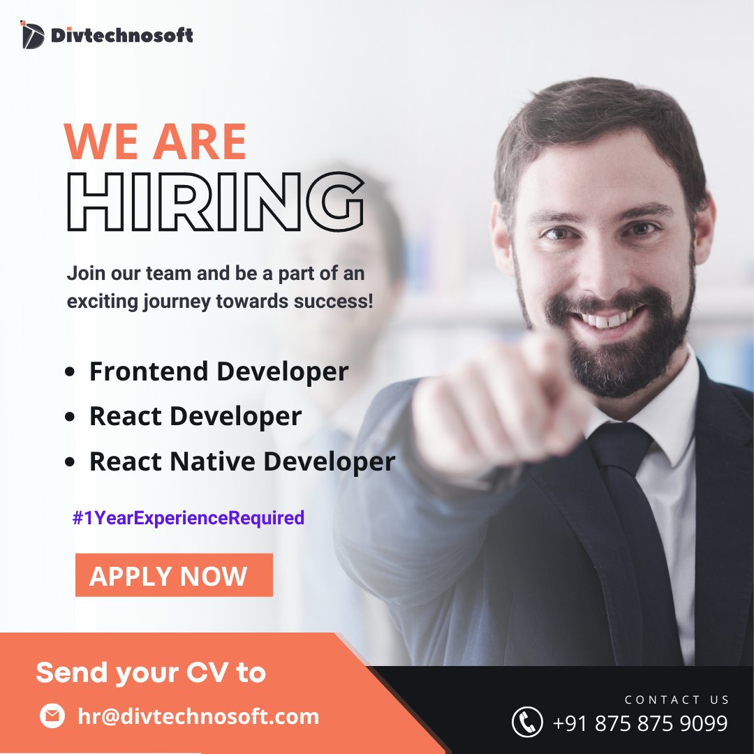 Calling all frontend, React, and React Native developers!

Send your CV to hr@divtechnosoft.com

Click on the Link to know more.
divtechnosoft.com/career

#hiring #hiringnow #hiring2023 #hiringalert #hiringdeveloper #reactdeveloperjob #frontenddeveloper #frontenddeveloper