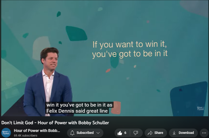 67 views  15 Apr 2023
Pastor Bobby teaches the importance of not limiting life and not limiting God with your thinking. What we think can lead to incredible miracles in our life, or it can fester and ruin relationships. No matter how big of a thinker you are, even more is possible with today’s message: “Don’t Limit God.”

This week’s interview guest isSean Oliu. Worship led by Shanta Atkins and The Hour of Power Choir. Accompanied by Hour of Power Orchestra.

FREE EBOOK: Godly Meditations: 5 Practical Steps to Building a Vibrant Rhythm of Life click here https://bit.ly/GodlyMeditationsEbook

Subscribe on Youtube to receive weekly messages of hope from Bobby! https://bit.ly/3yMUtEr

If you would like to support Hour of Power you can give through our website by clicking here bit.ly/3fqXrI8

Follow on social:
Facebook: https://bit.ly/3gXbOUS
Instagram: https://bit.ly/3FFf3ut

About Hour of Power:
Each week Pastor Bobby Schuller inspires viewers around the world to live a life filled with